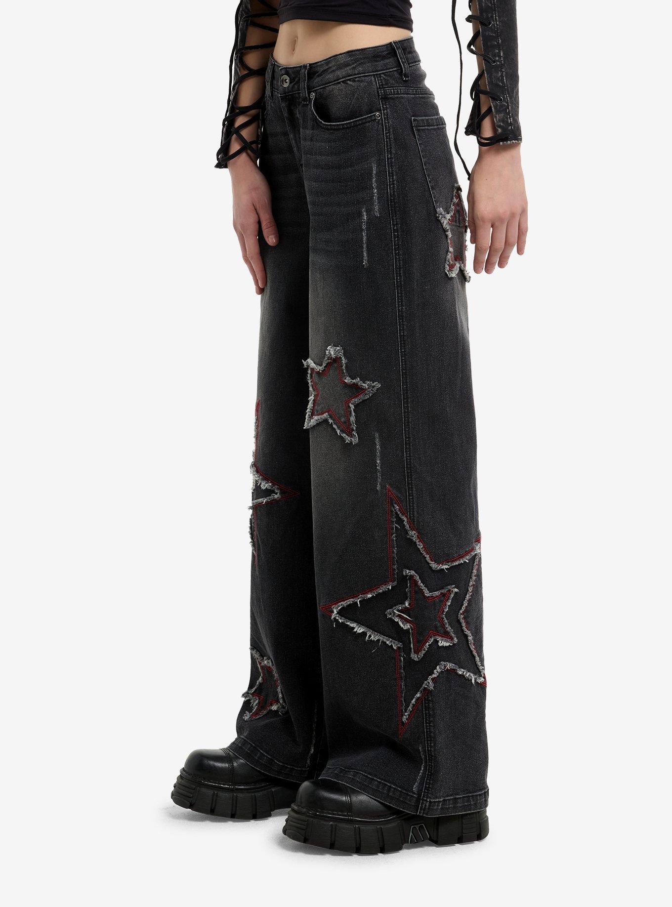 Red & Grey Distressed Stars Wide Leg Jeans, , alternate