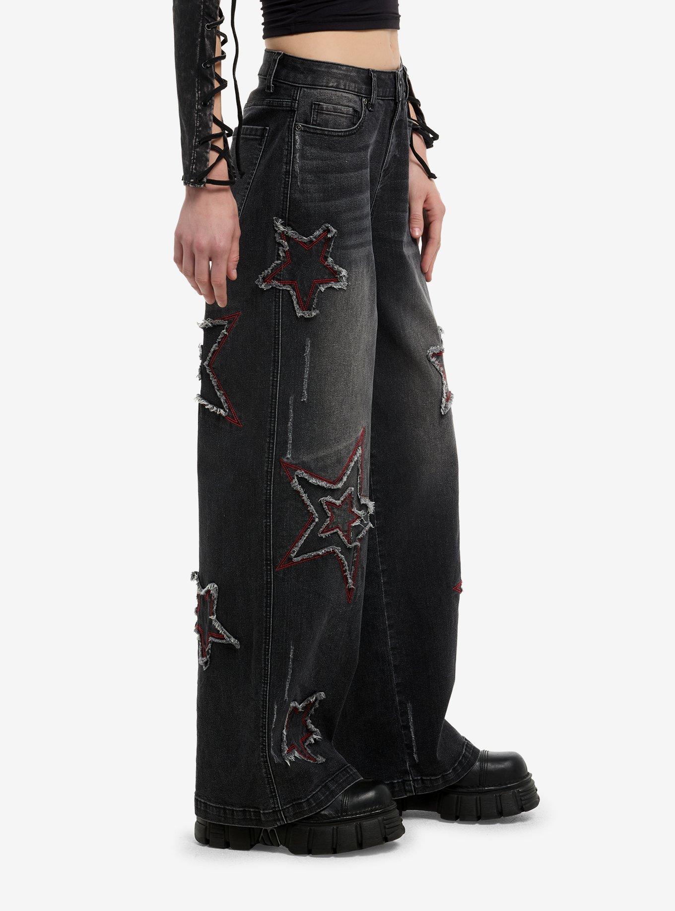Red & Grey Distressed Stars Wide Leg Jeans, , alternate
