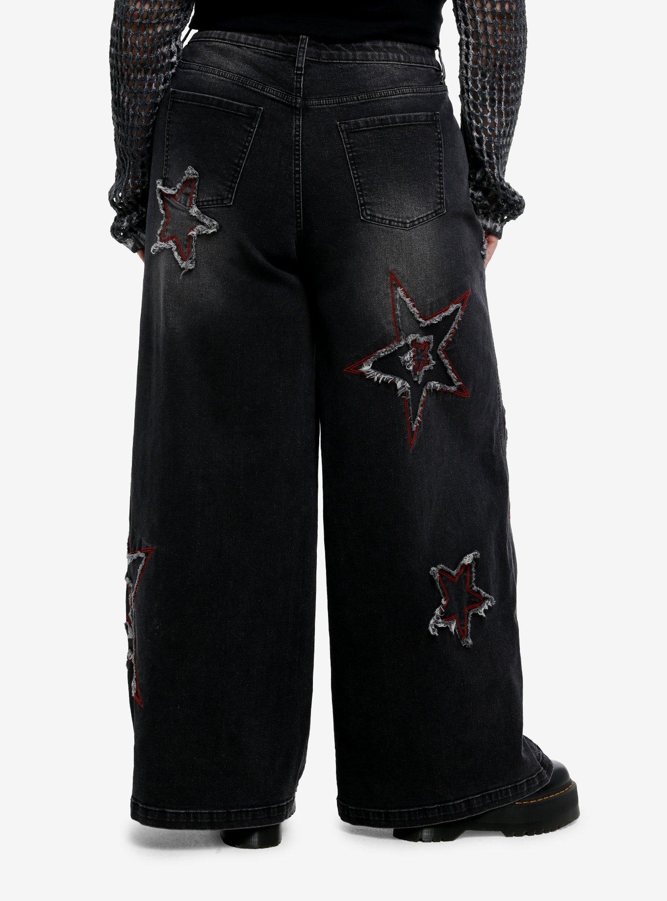 Red & Grey Distressed Stars Wide Leg Jeans Plus Size, , hi-res