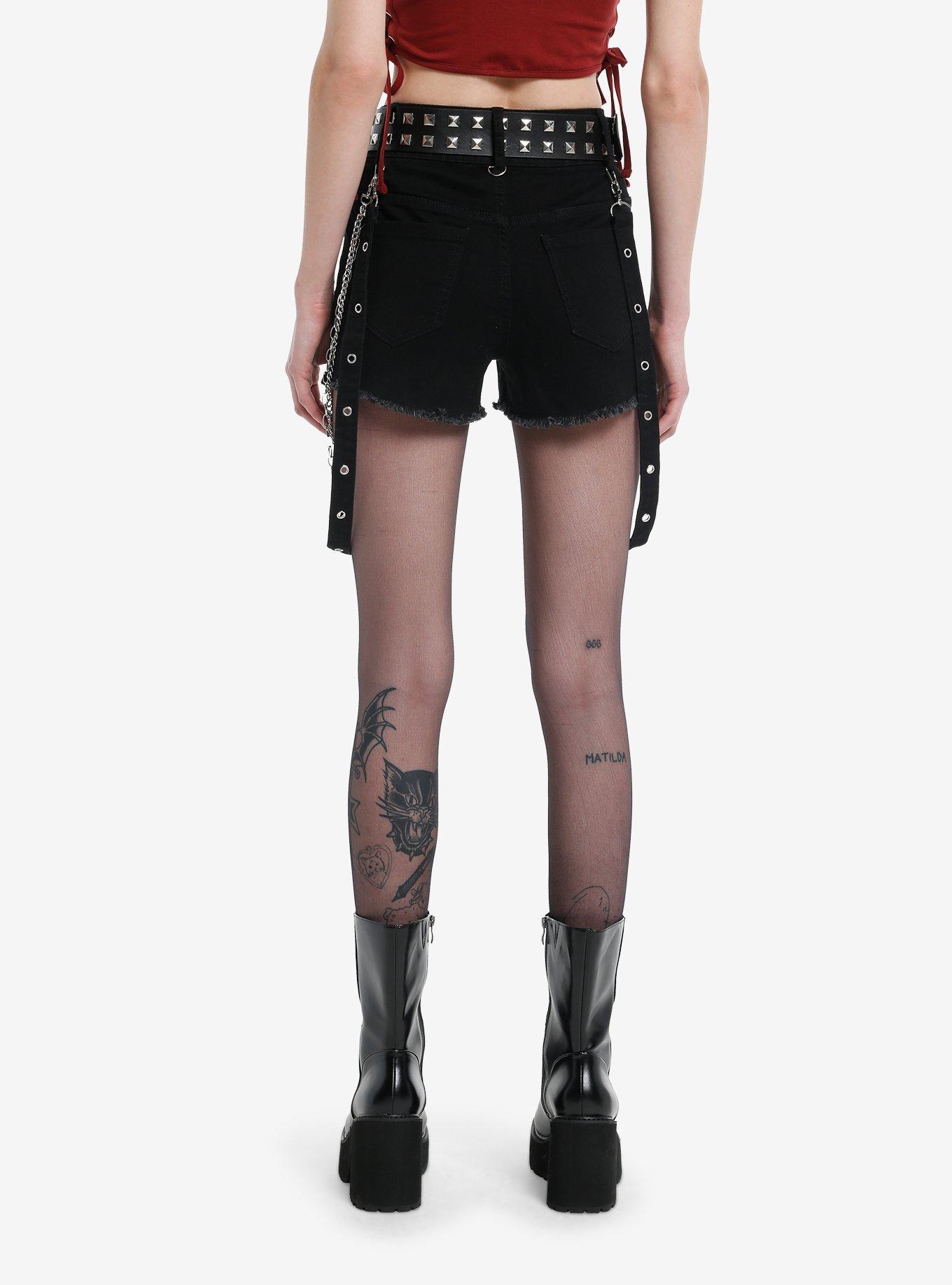Black Gothic Charms Belted Denim Shorts, , hi-res