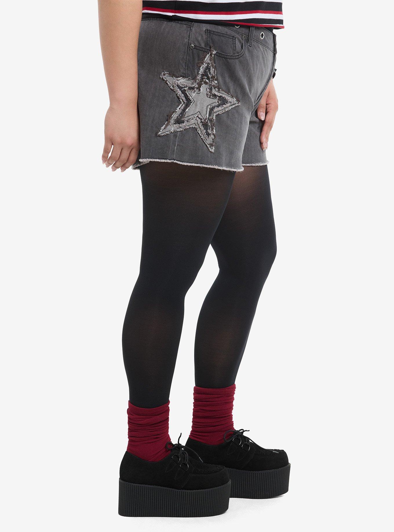 Grey Frayed Star Patch Denim Shorts Plus Size, GREY, alternate