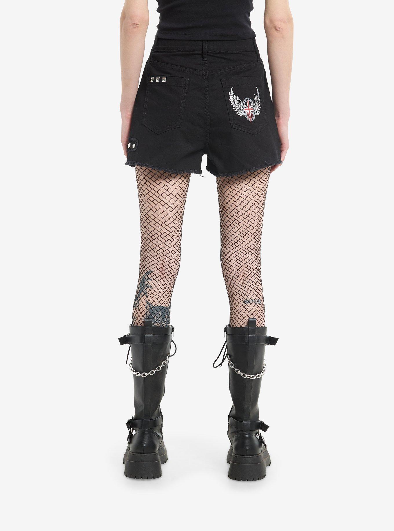 Punk Patches & Pins Girls Denim Shorts, RED, alternate