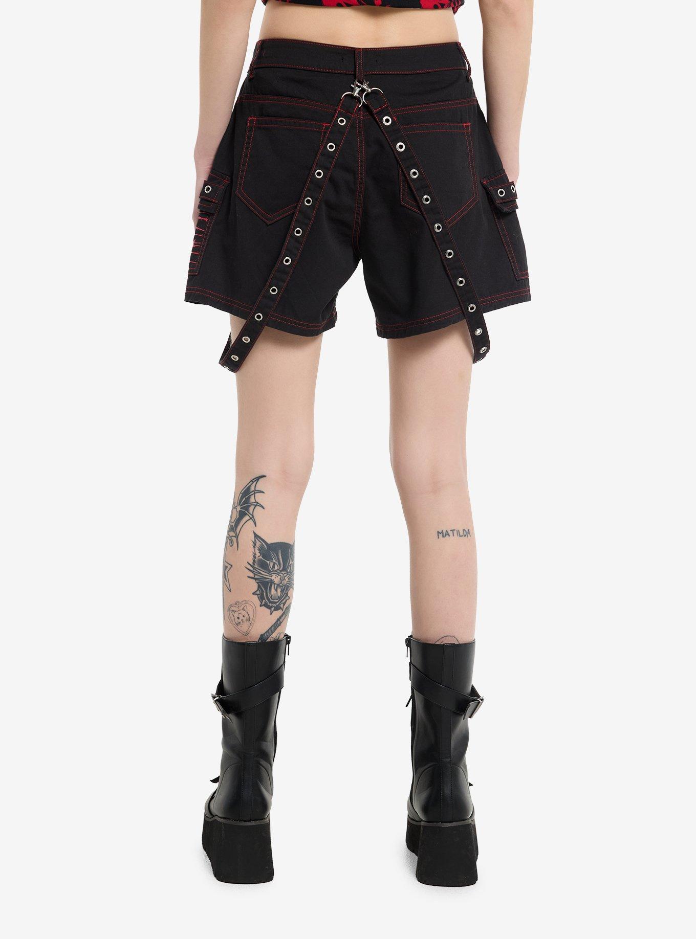 Black & Red Skull & Barbed Wire Suspender Cargo Shorts, RED, alternate
