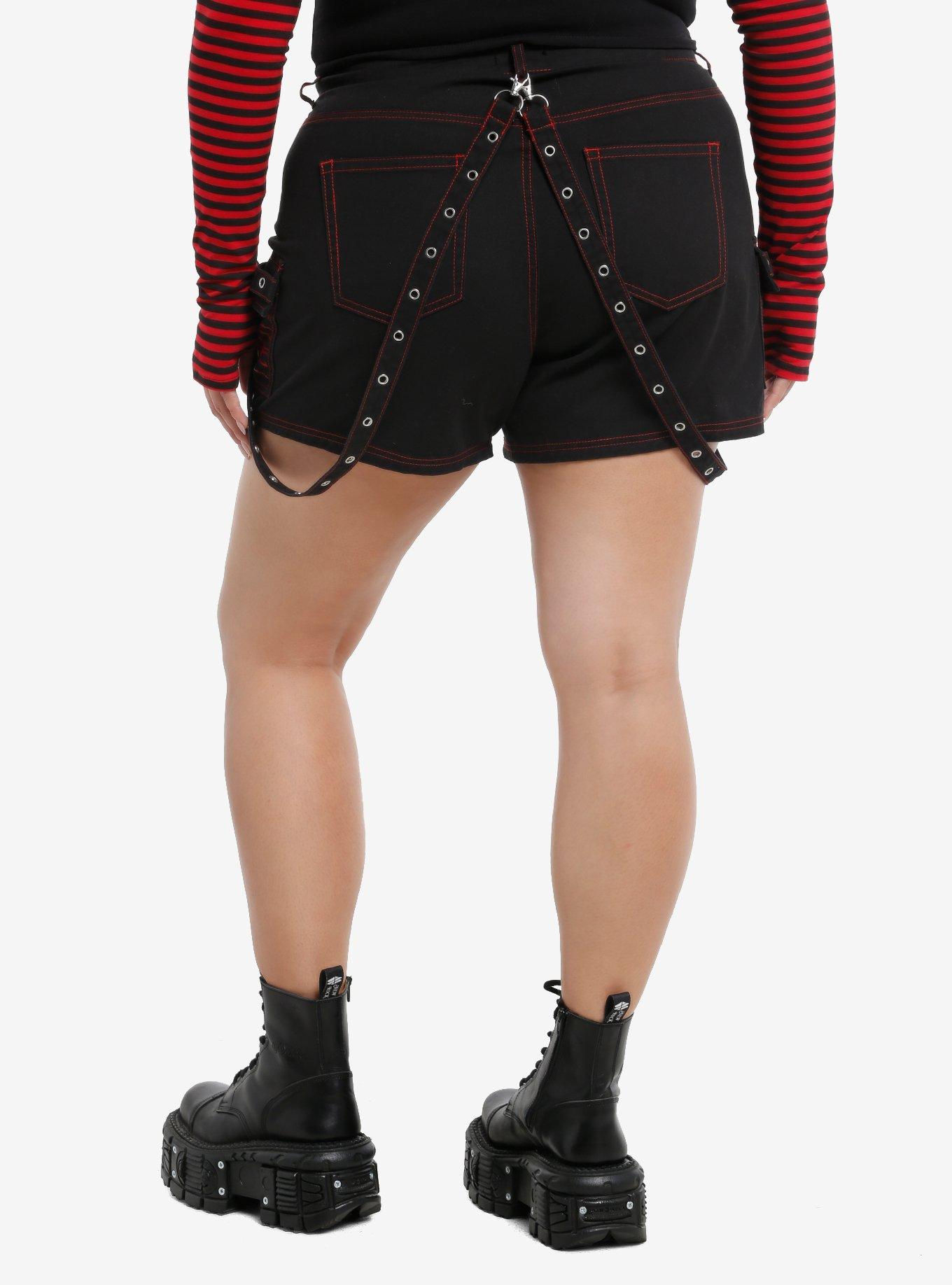 Black & Red Skull & Barbed Wire Suspender Cargo Shorts Plus Size, RED, alternate