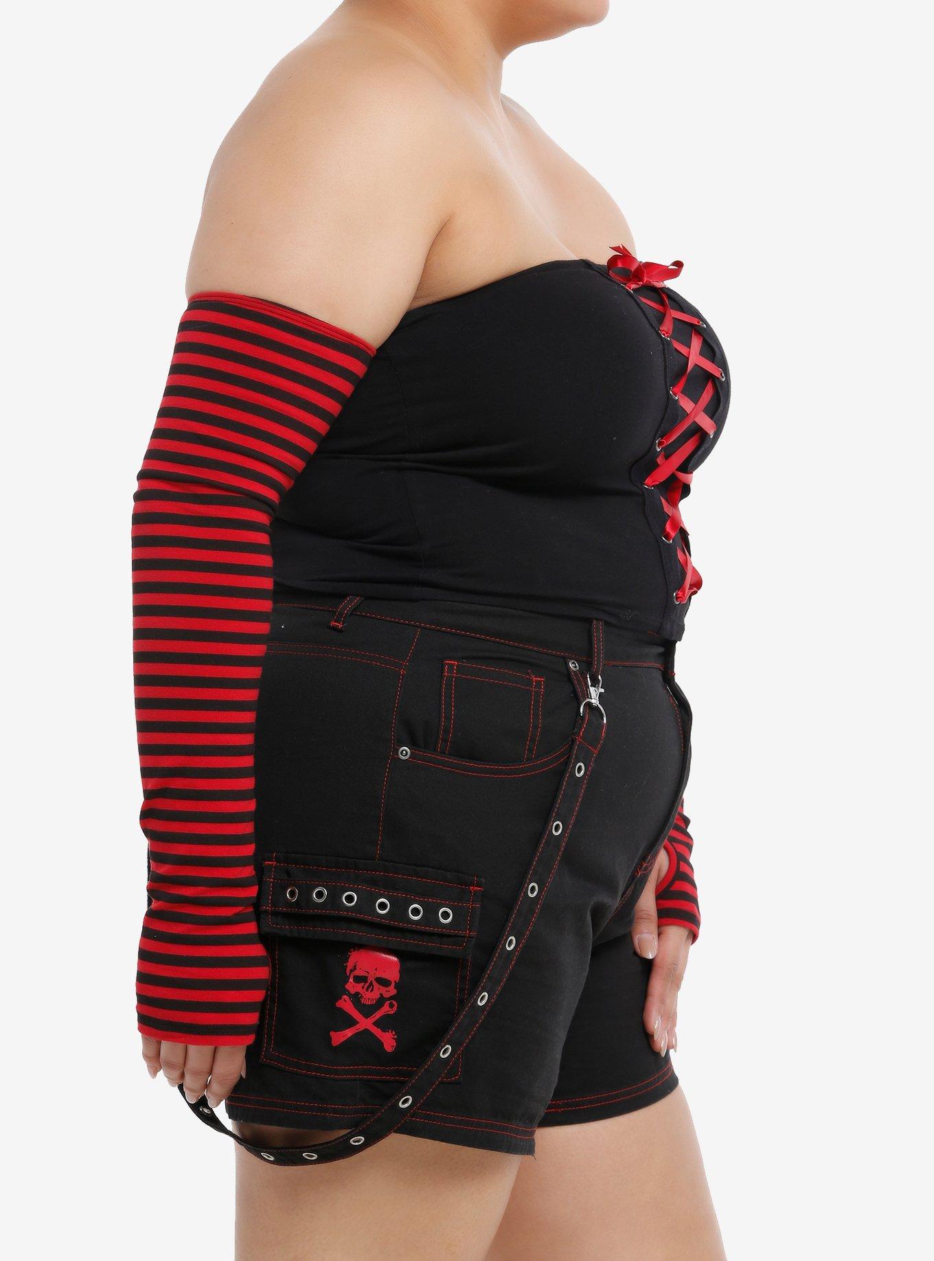 Black & Red Skull & Barbed Wire Suspender Cargo Shorts Plus Size, RED, alternate