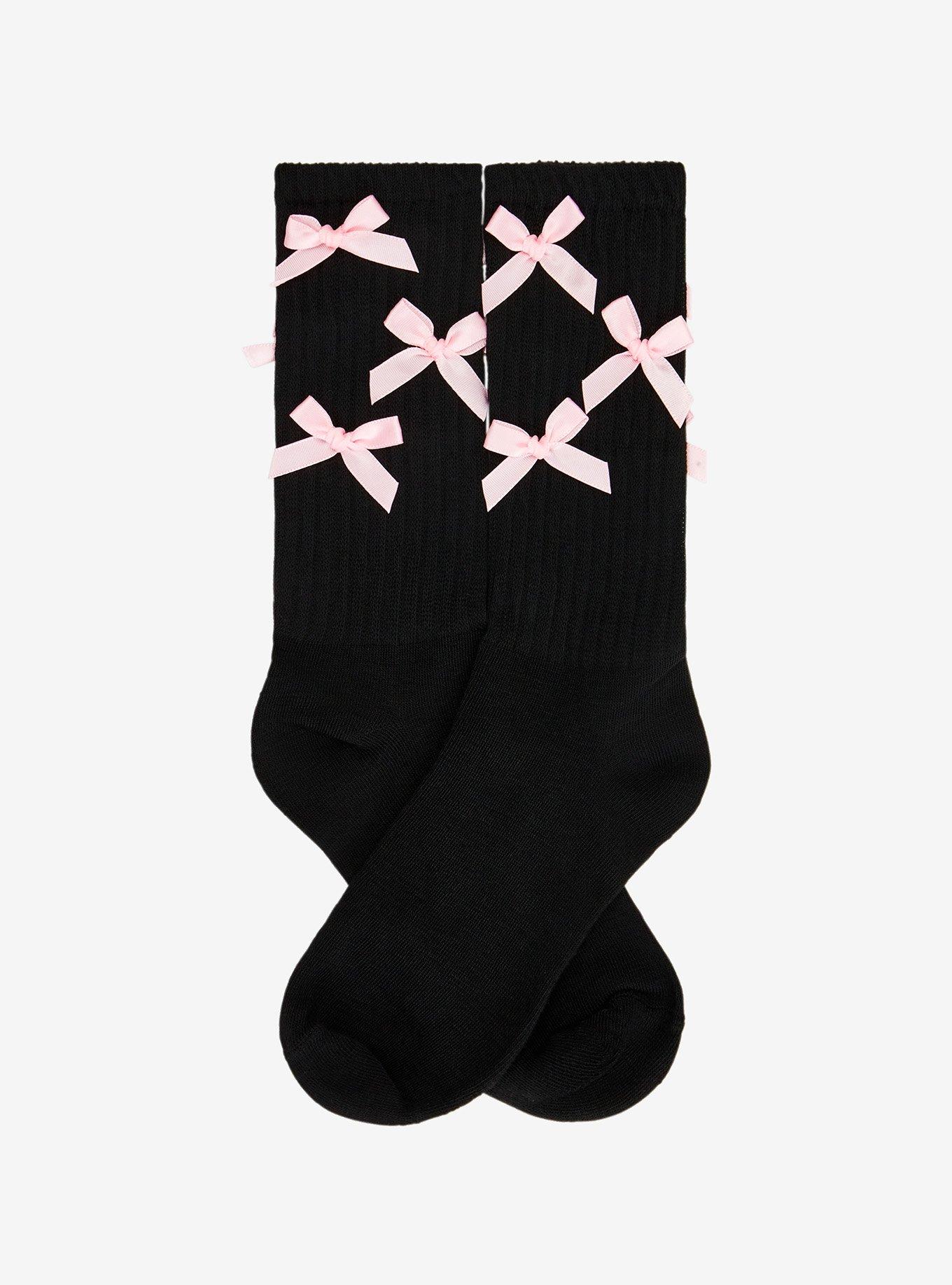 Pink Satin Bows Black Crew Socks, , hi-res