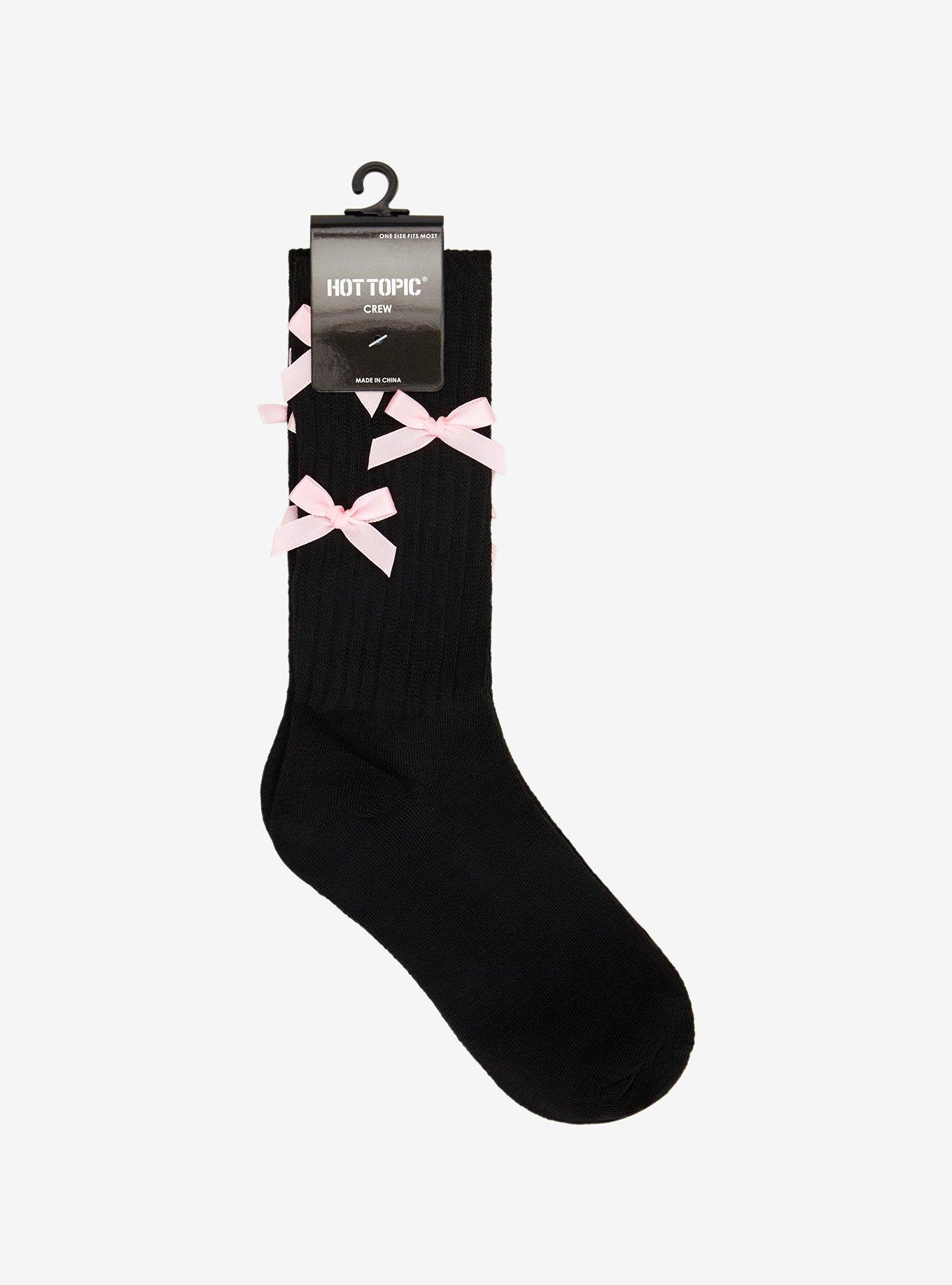 Pink Satin Bows Black Crew Socks, , alternate
