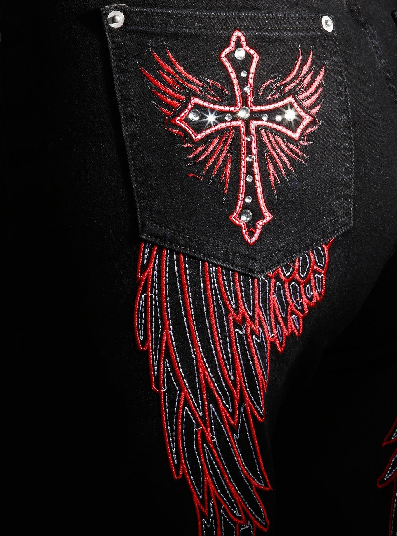 Black & Red Cross & Wings Denim Jorts, RED, alternate