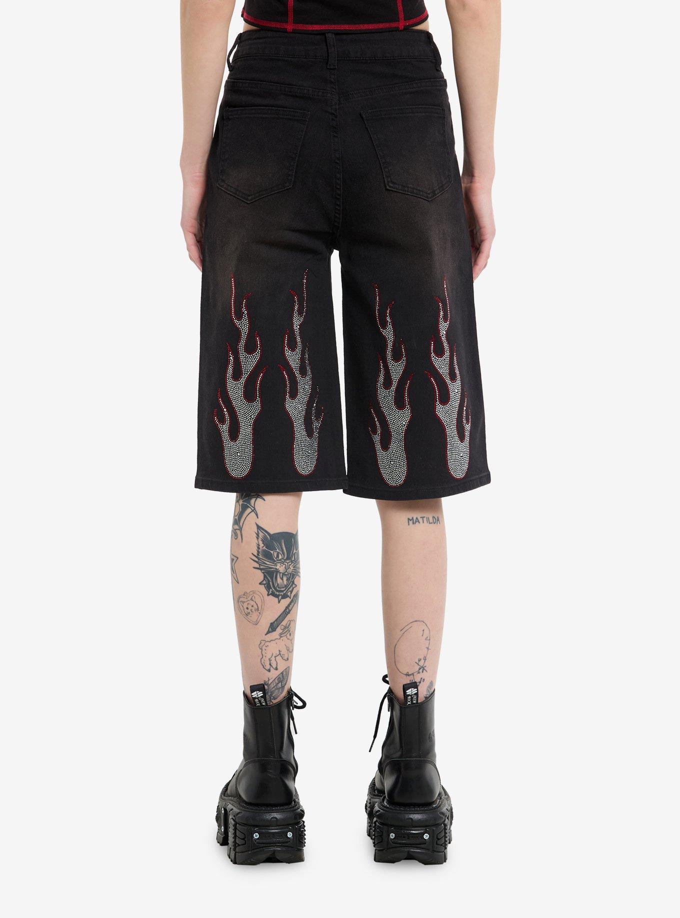 Rhinestone Flames Dad Denim Shorts, , hi-res