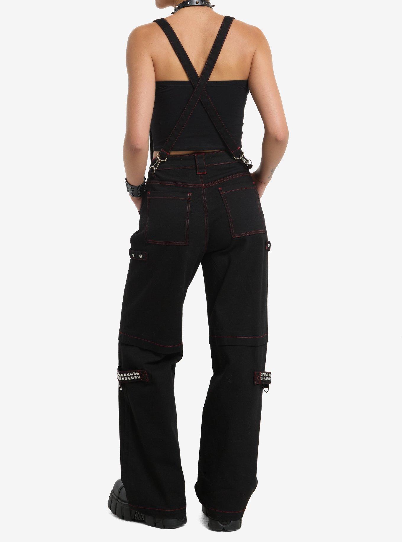 Black & Red Cross Stud Suspender Wide Leg Pants, RED, alternate