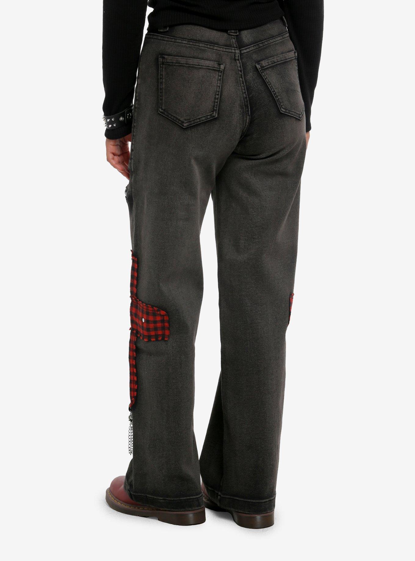 Grey Washed Plaid Cross Chain Wide Leg Jeans, , hi-res