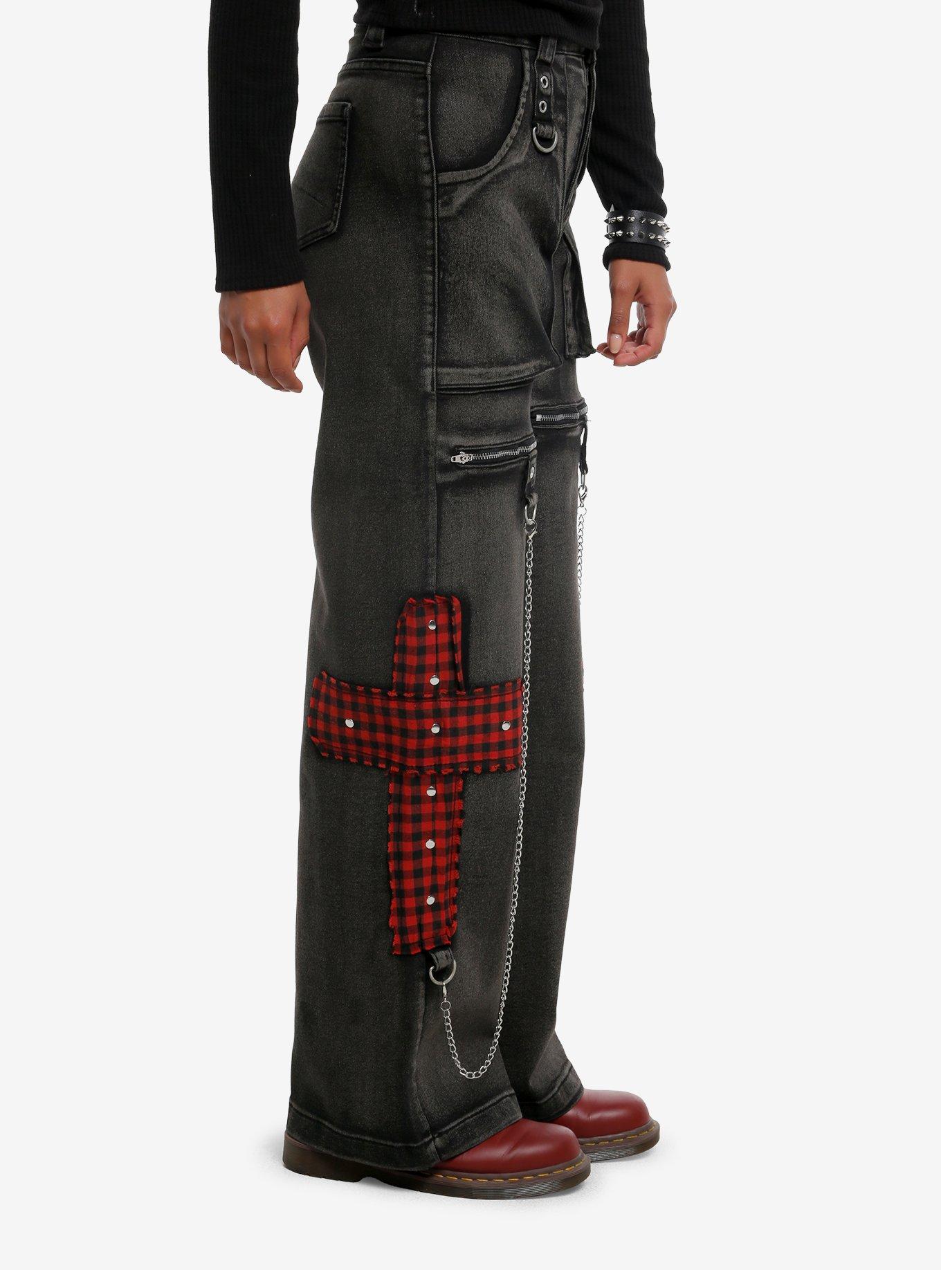 Grey Washed Plaid Cross Chain Wide Leg Jeans, BLACK, alternate