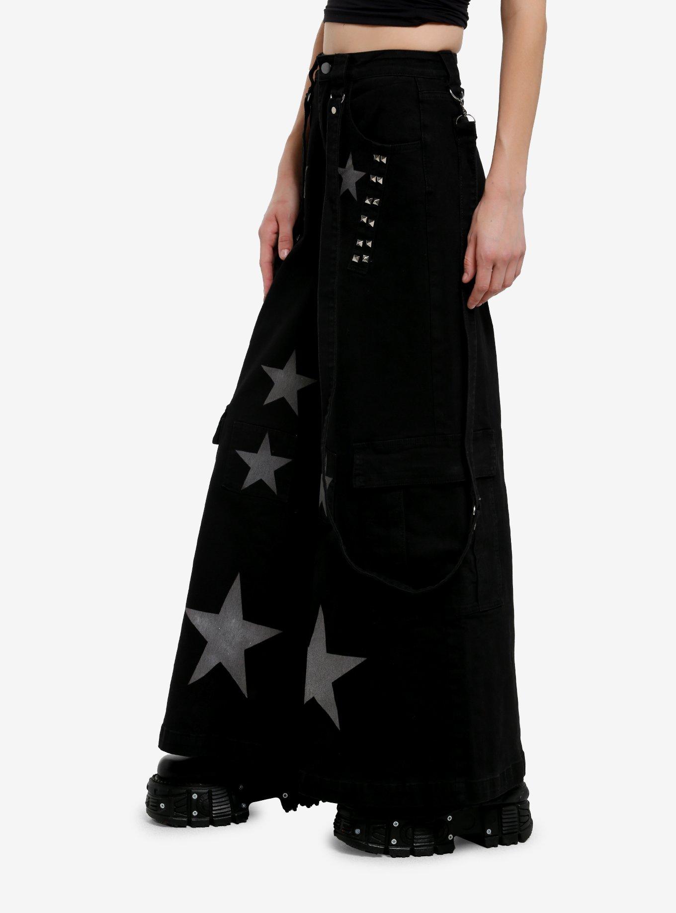 Black Stud Star Suspender Strap Wide Leg Denim Jeans, BLACK, alternate