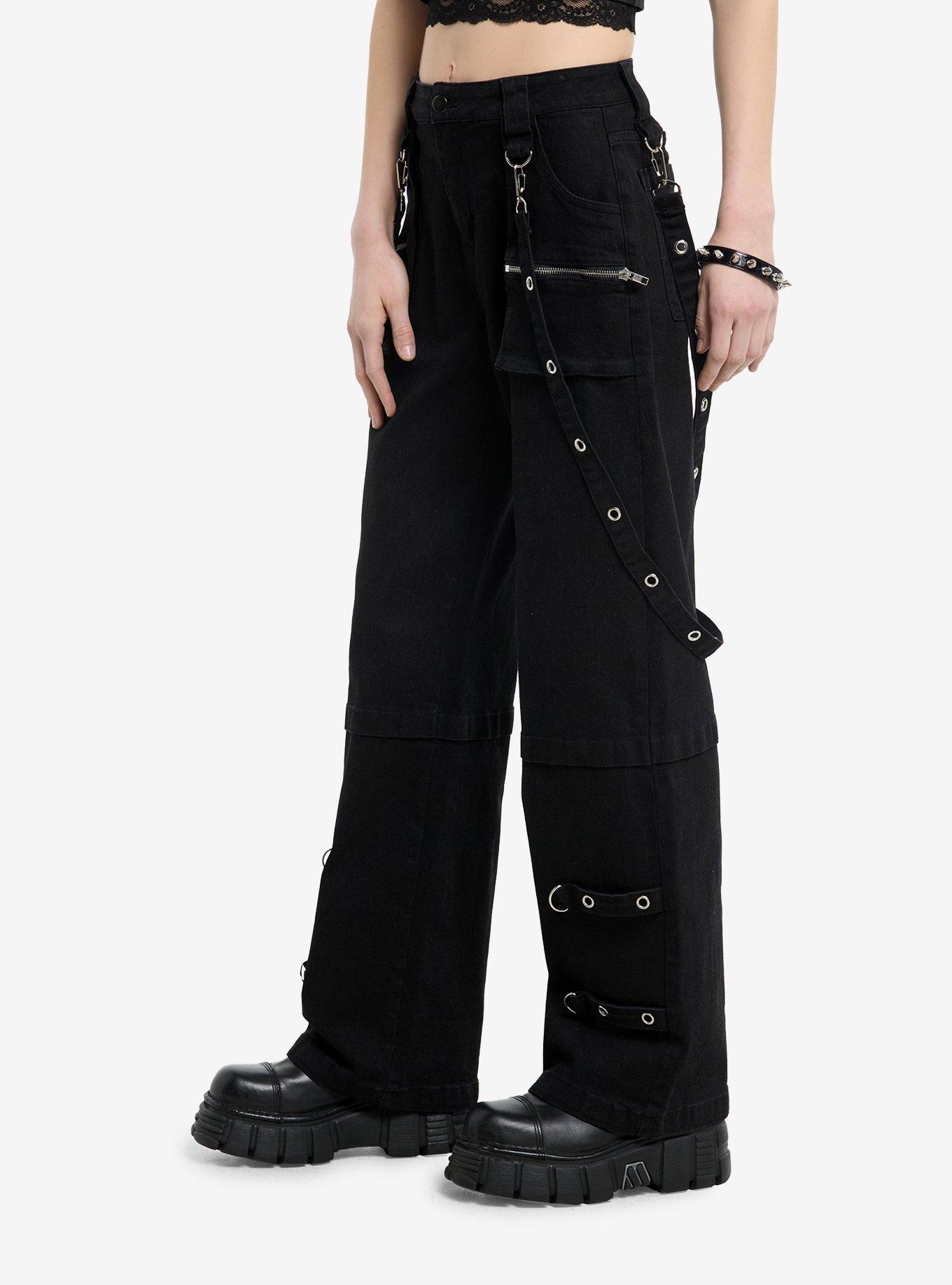 Black Grommet Suspender Wide Leg Jeans, BLACK, alternate