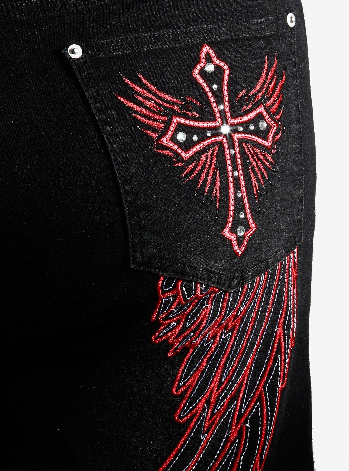 Black & Red Cross & Wings Denim Jorts Plus Size, RED, alternate