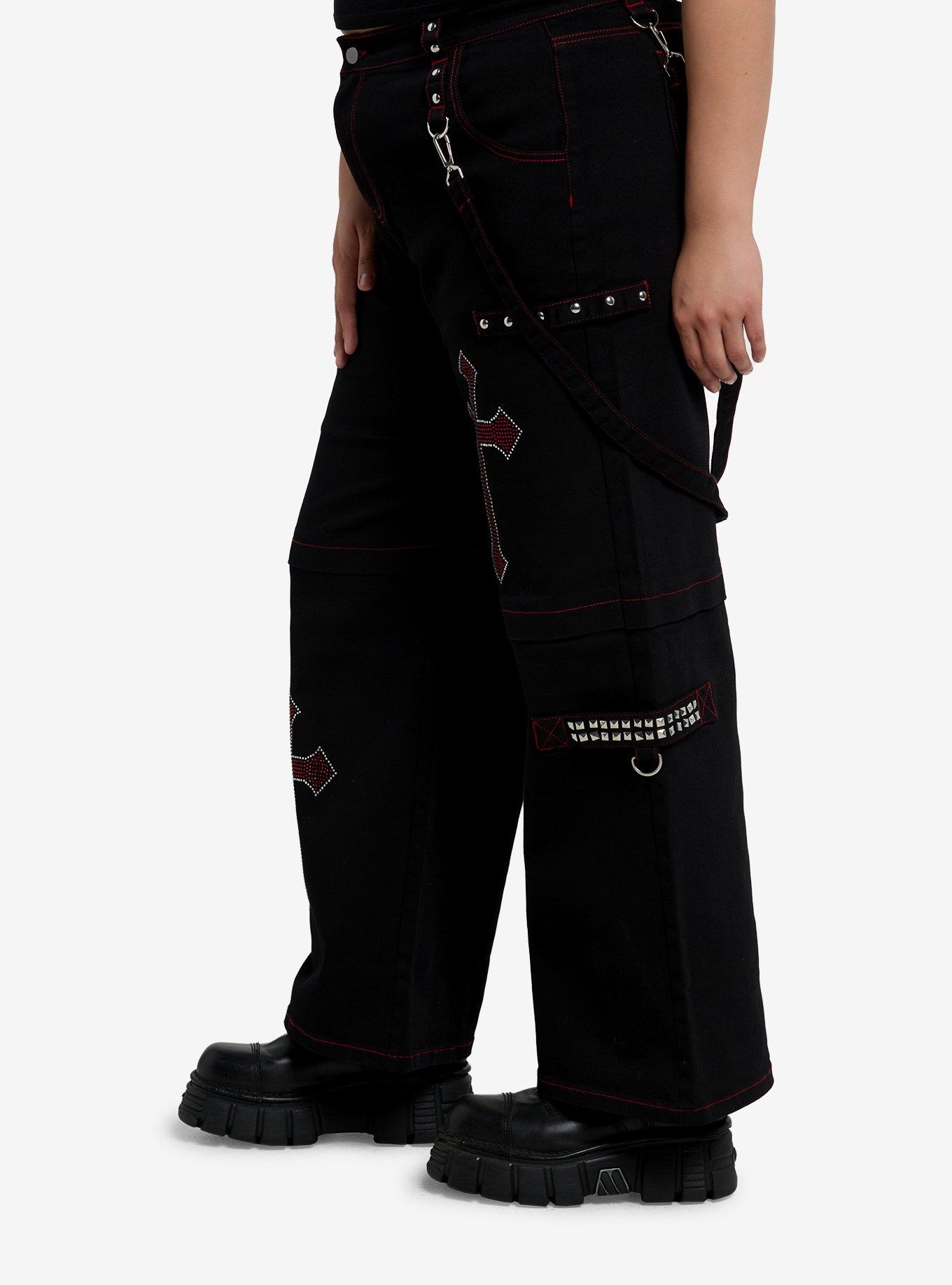 Black & Red Cross Stud Suspender Wide Leg Pants Plus Size, RED, alternate