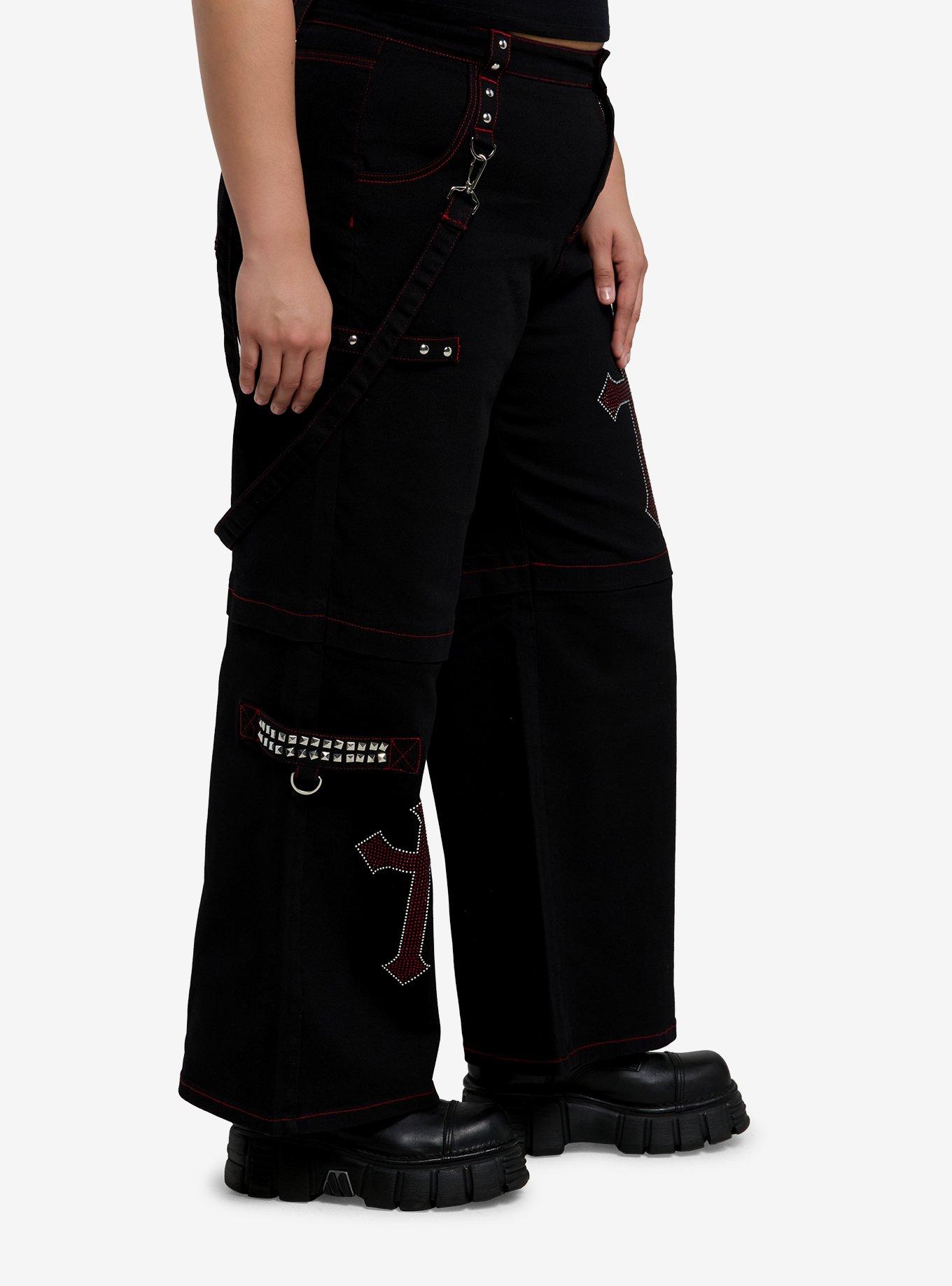 Black & Red Cross Stud Suspender Wide Leg Pants Plus Size, RED, alternate
