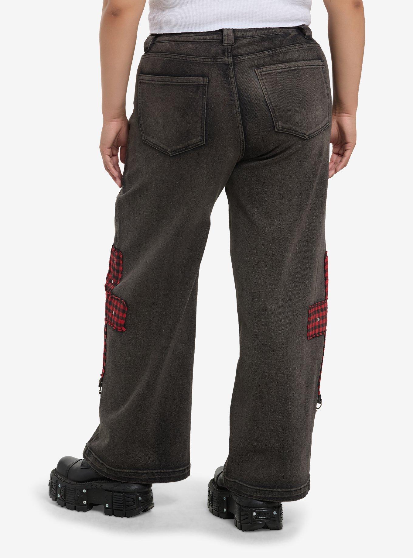 Grey Washed Plaid Cross Chain Wide Leg Jeans Plus Size, , hi-res