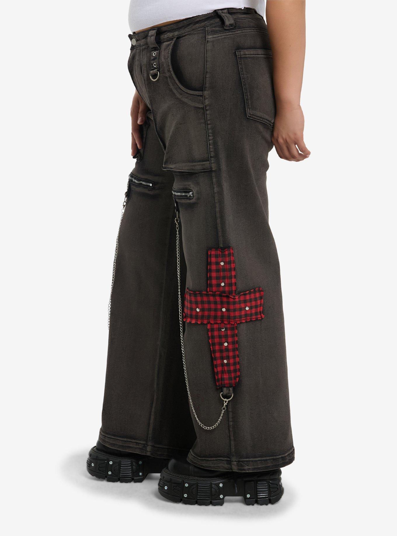 Grey Washed Plaid Cross Chain Wide Leg Jeans Plus Size, BLACK, alternate