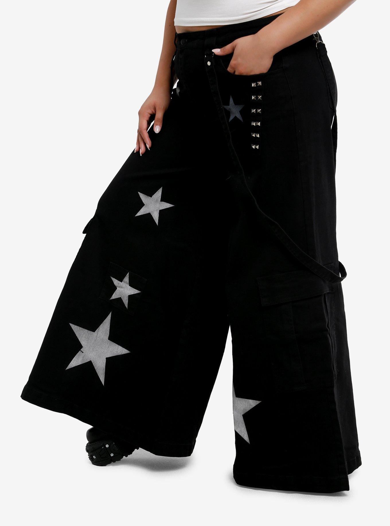 Black Stud Star Suspender Strap Wide Leg Denim Jeans Plus Size, BLACK, alternate