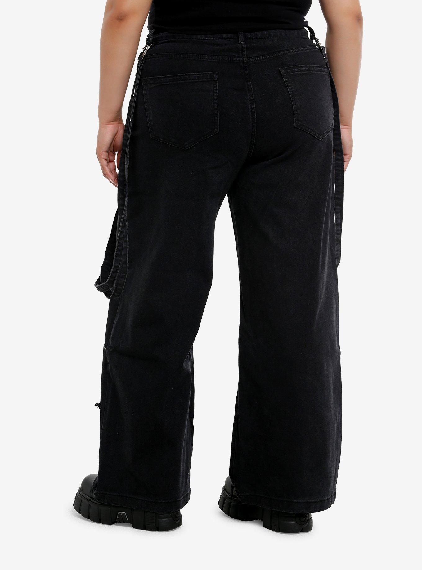 Black Star Patch Suspender Girls Wide Leg Jeans Plus Size, , hi-res