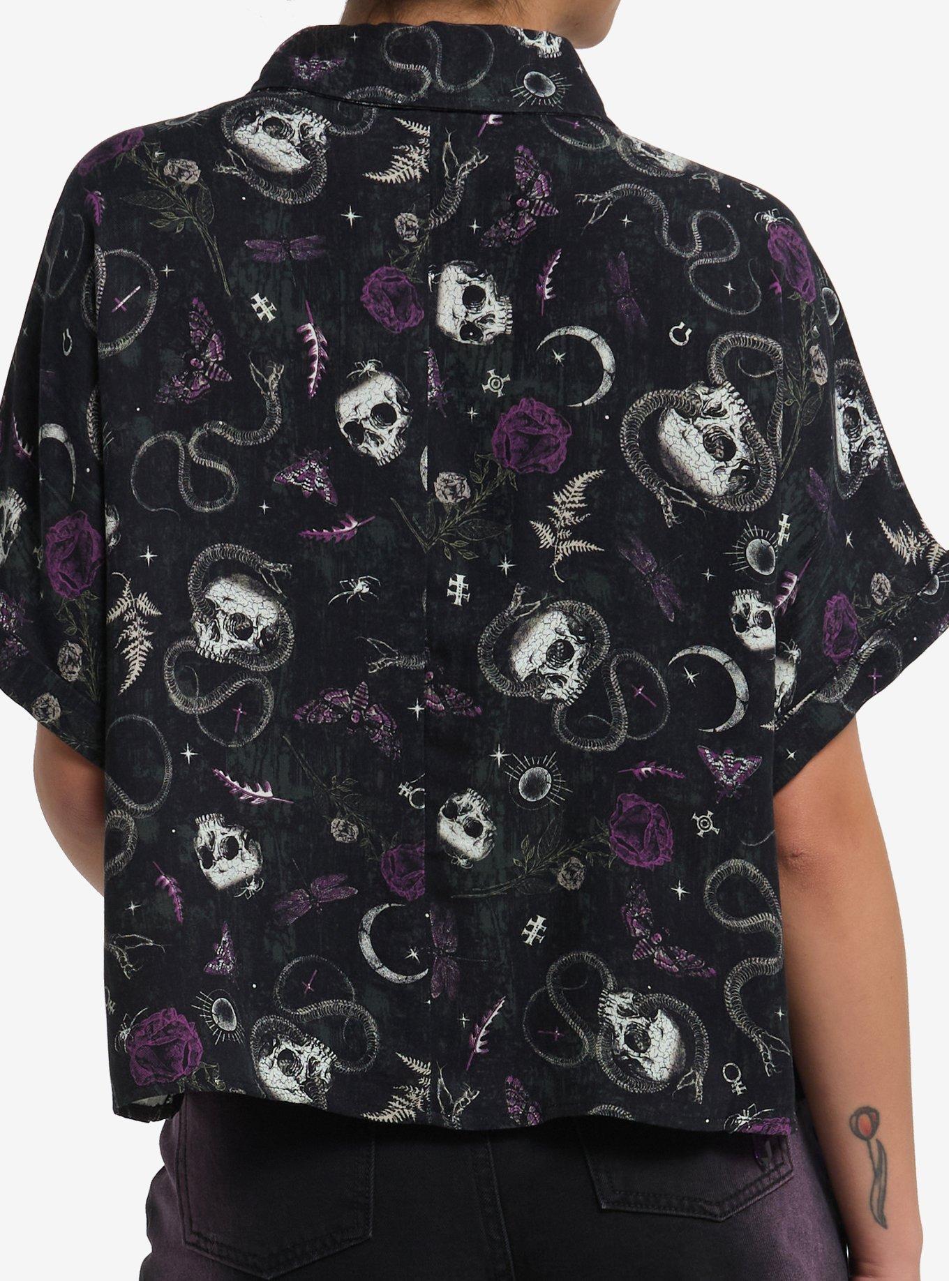 Cosmic Aura Skull & Snake Girls Boxy Woven Button-Up, GREEK OLIVE, alternate