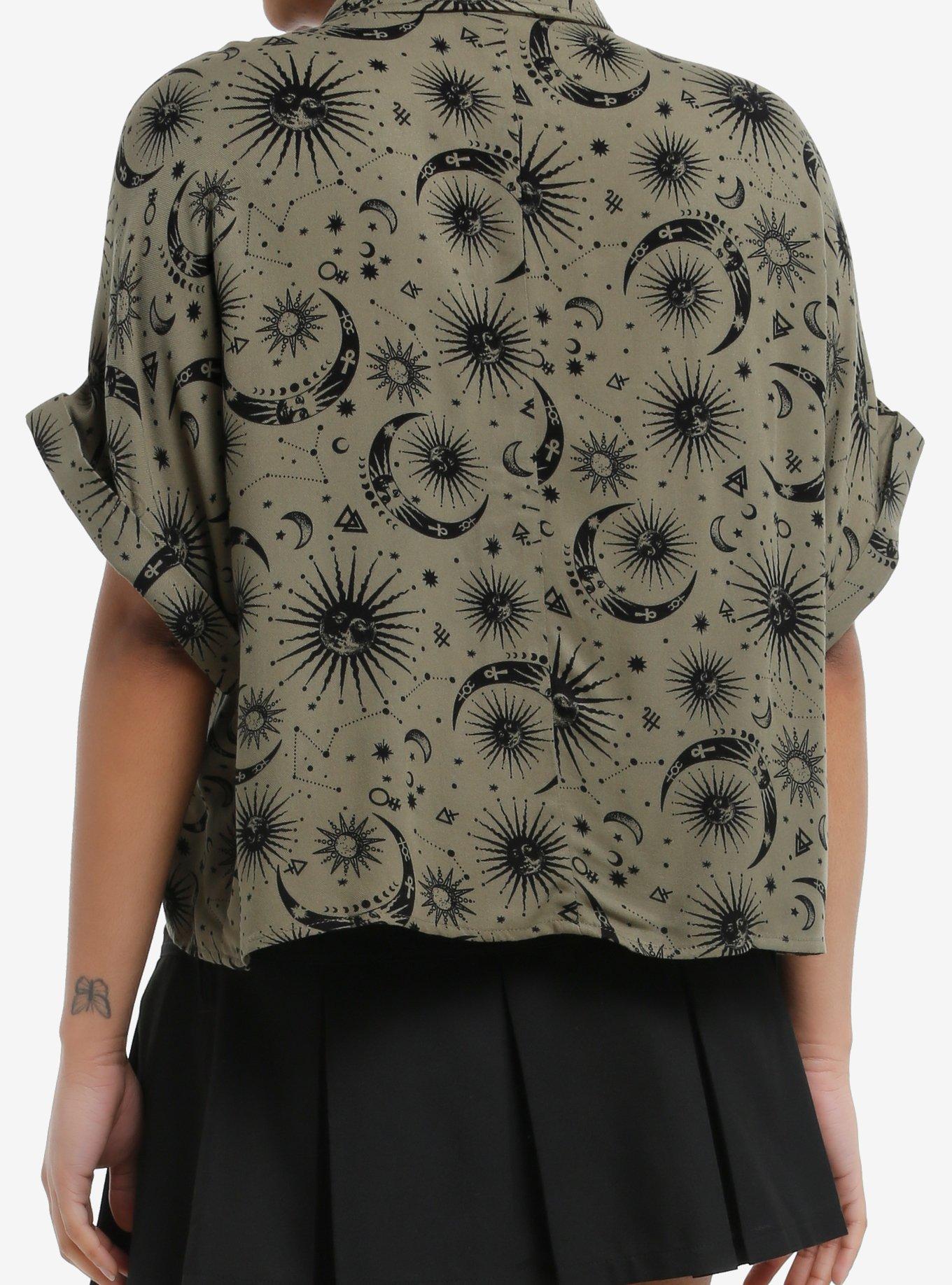 Cosmic Aura Olive Celestial Girls Boxy Woven Button-Up, , hi-res