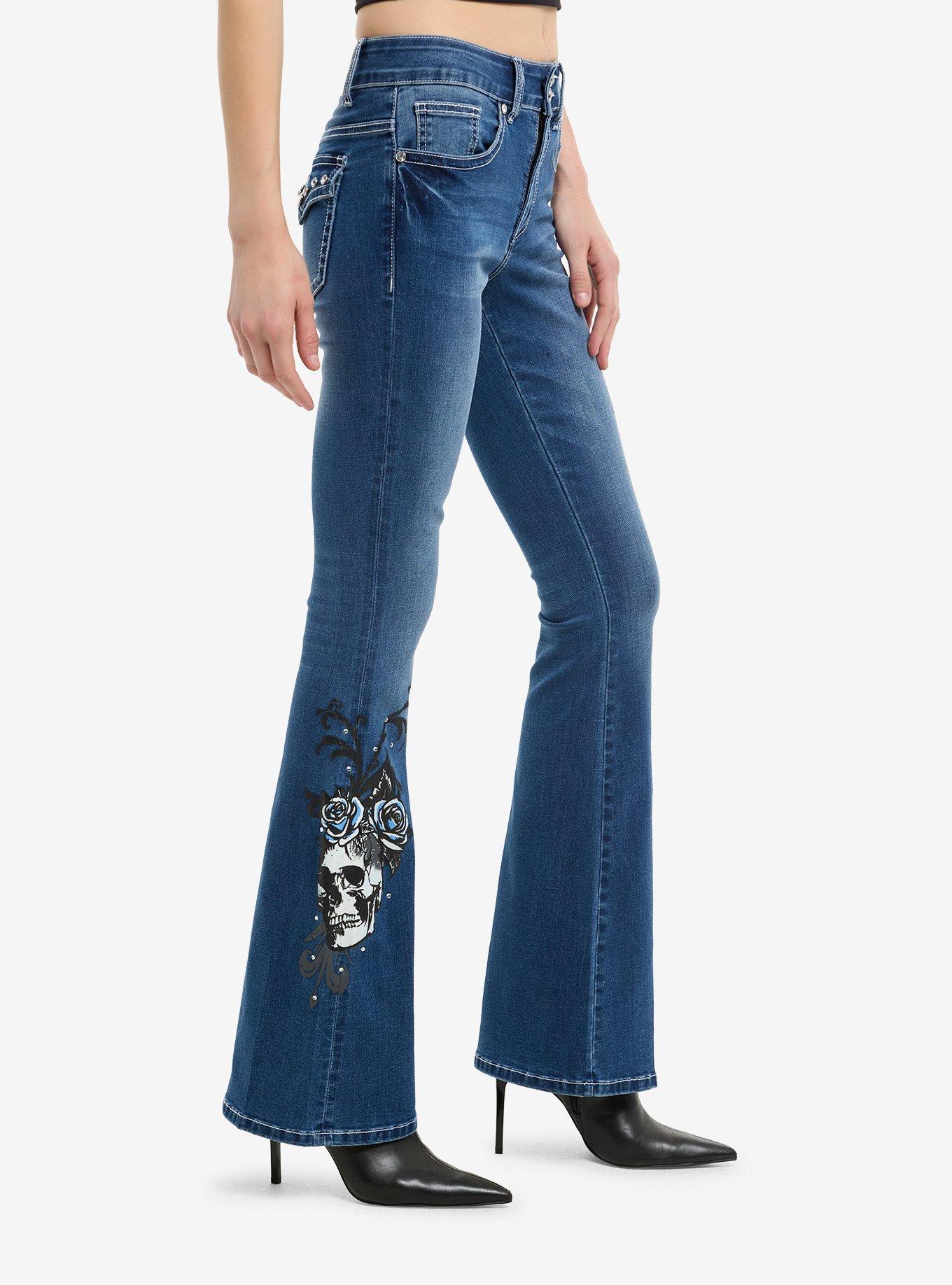Dark Indigo Skull Rose Rhinestone Flare Denim Pants, GREY, alternate