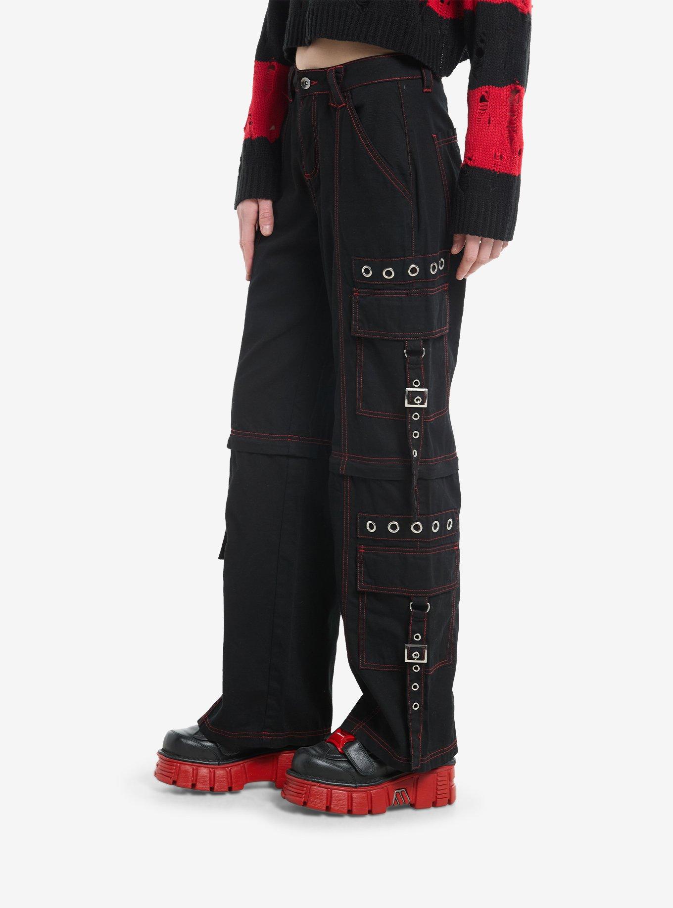 Black & Red Contrast Stitch Grommet Strap Zip-Off Carpenter Pants, RED, alternate