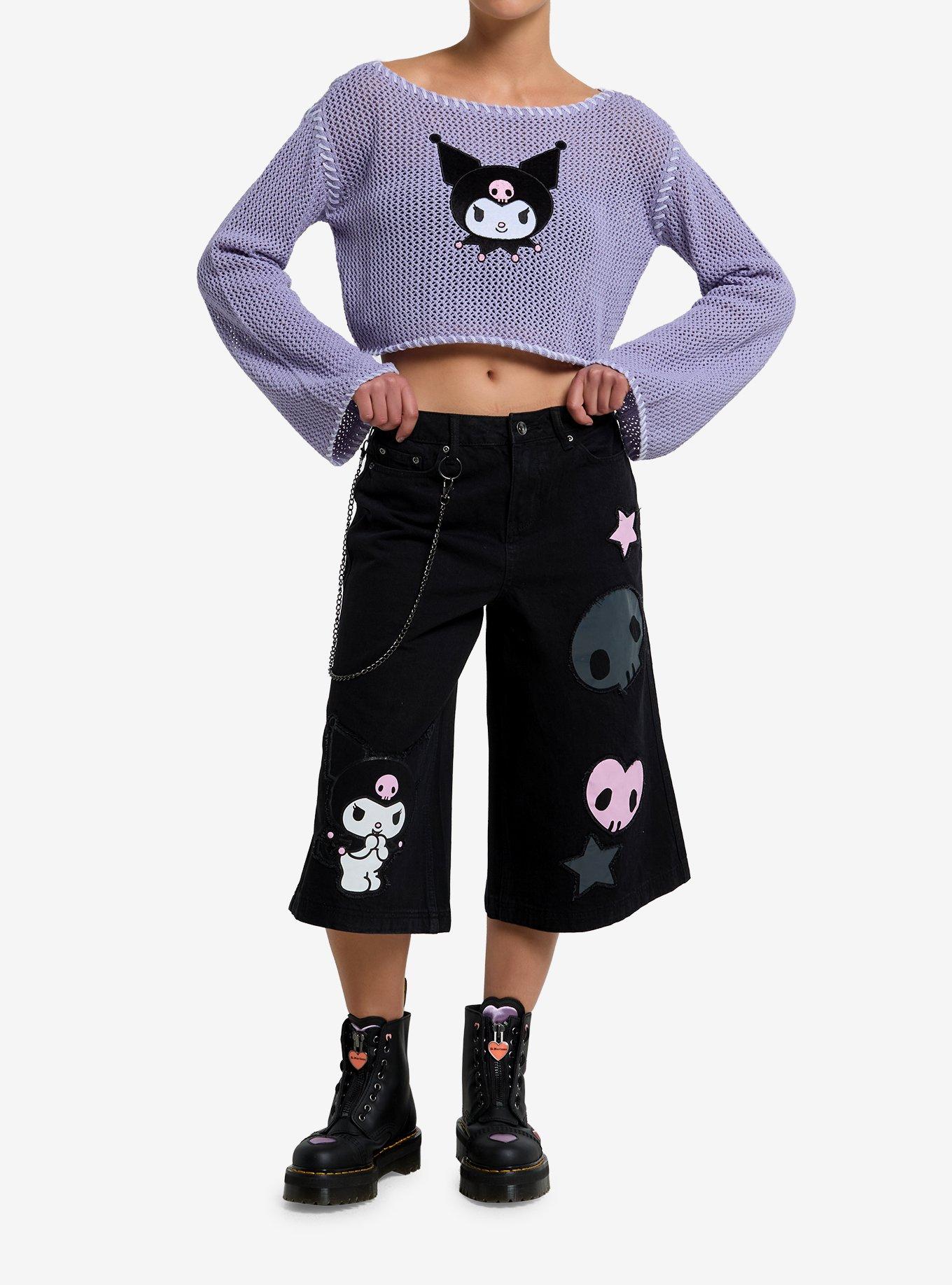 Kuromi Lavender Knit Girls Crop Long-Sleeve Top, , hi-res