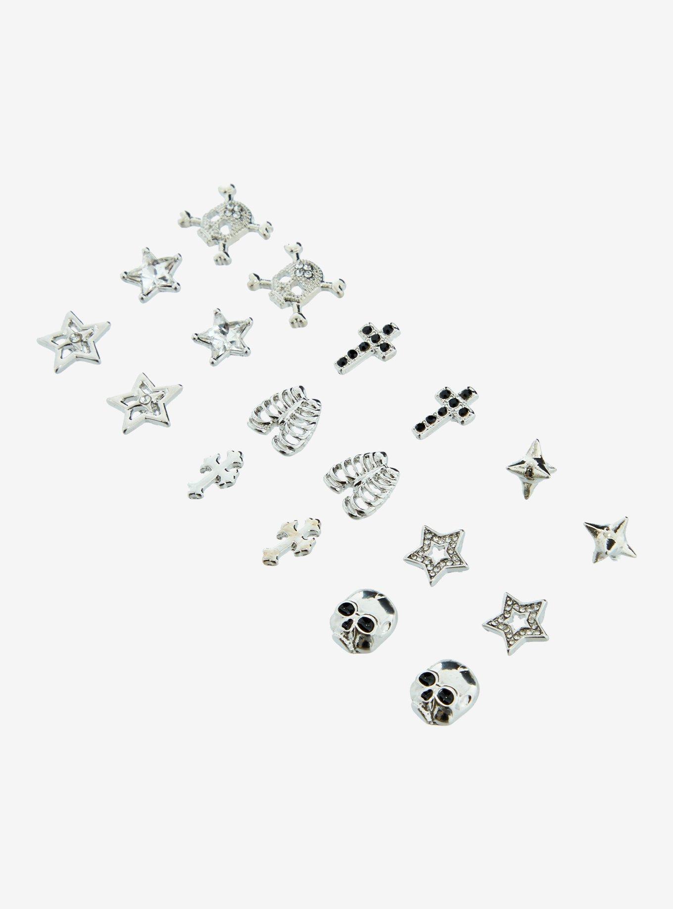 Social Collision Skull Cross Star Stud Earring Set, , alternate