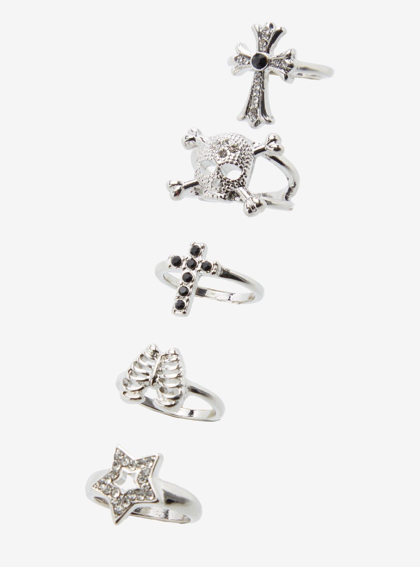 Social Collision Skull Rib Cage Cross Ring Set, , hi-res
