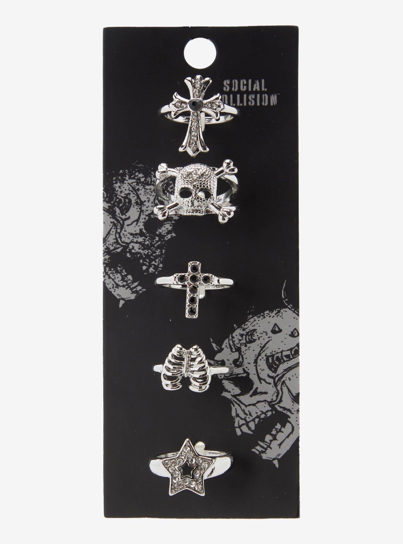 Social Collision Skull Rib Cage Cross Ring Set, , alternate