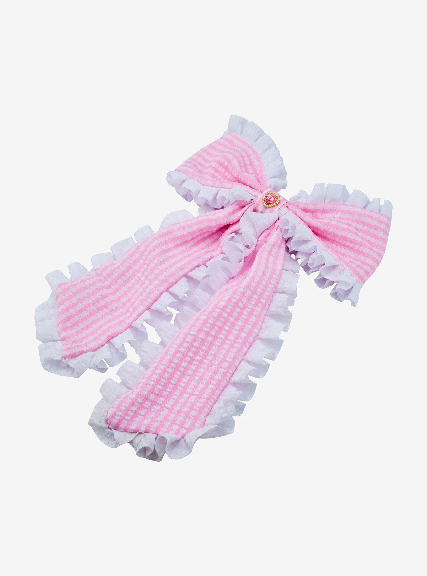 Sweet Society Pink Gingham Lace Heart Gem Hair Bow, , hi-res