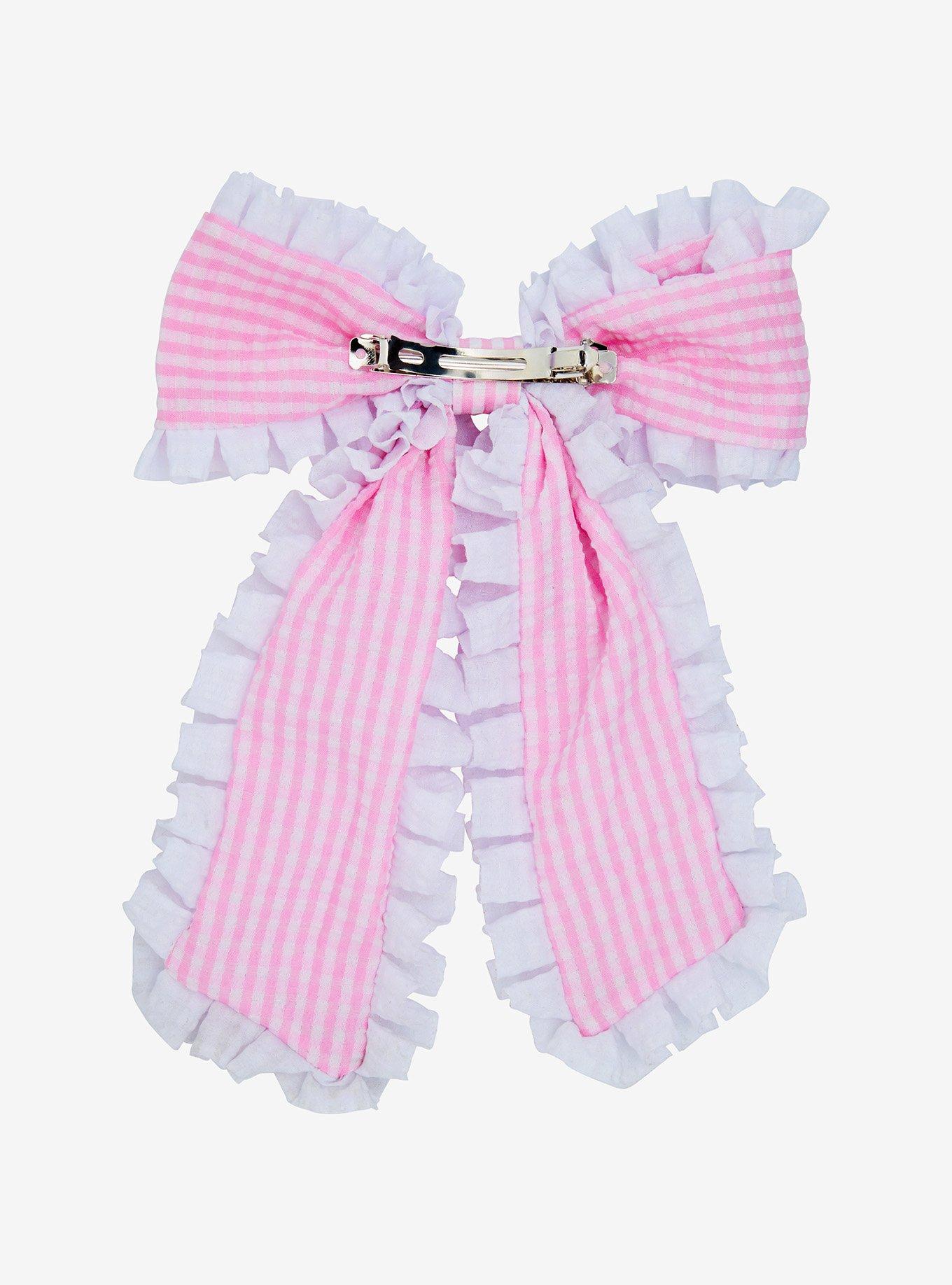 Sweet Society Pink Gingham Lace Heart Gem Hair Bow, , alternate