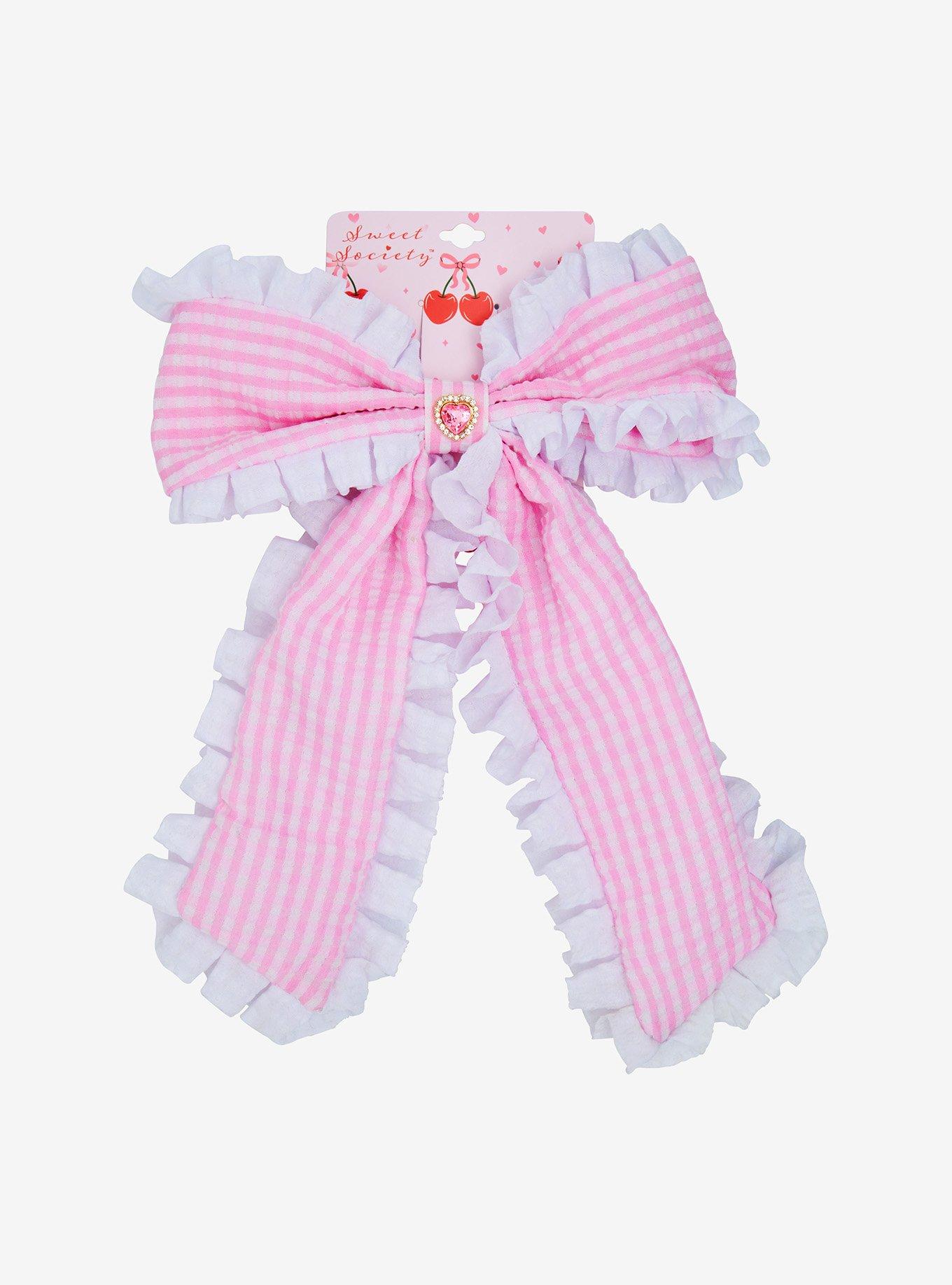 Sweet Society Pink Gingham Lace Heart Gem Hair Bow, , alternate