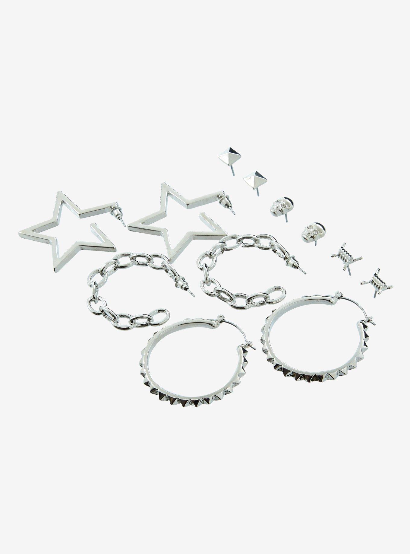 Skull Star Chain Stud Earring Set, , alternate