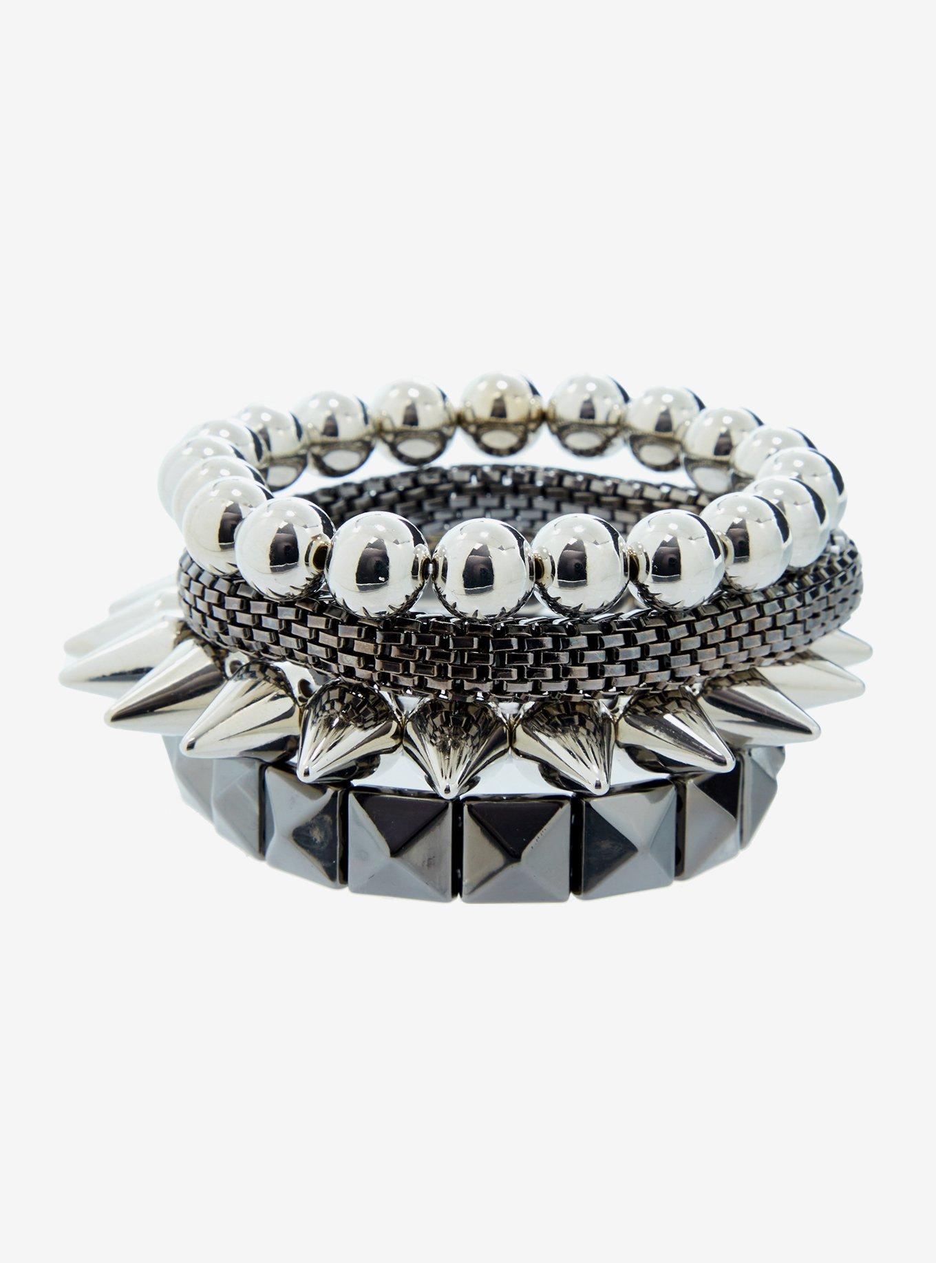 Silver Spike Stud Chain Bracelet Set, , alternate