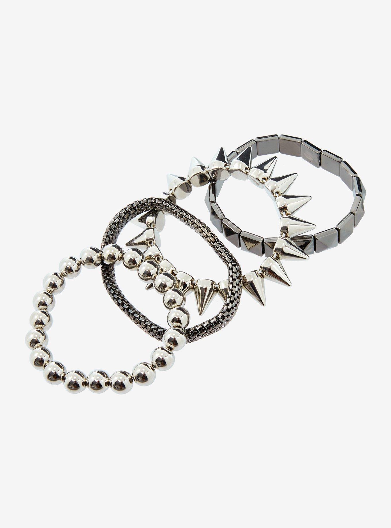 Silver Spike Stud Chain Bracelet Set, , alternate