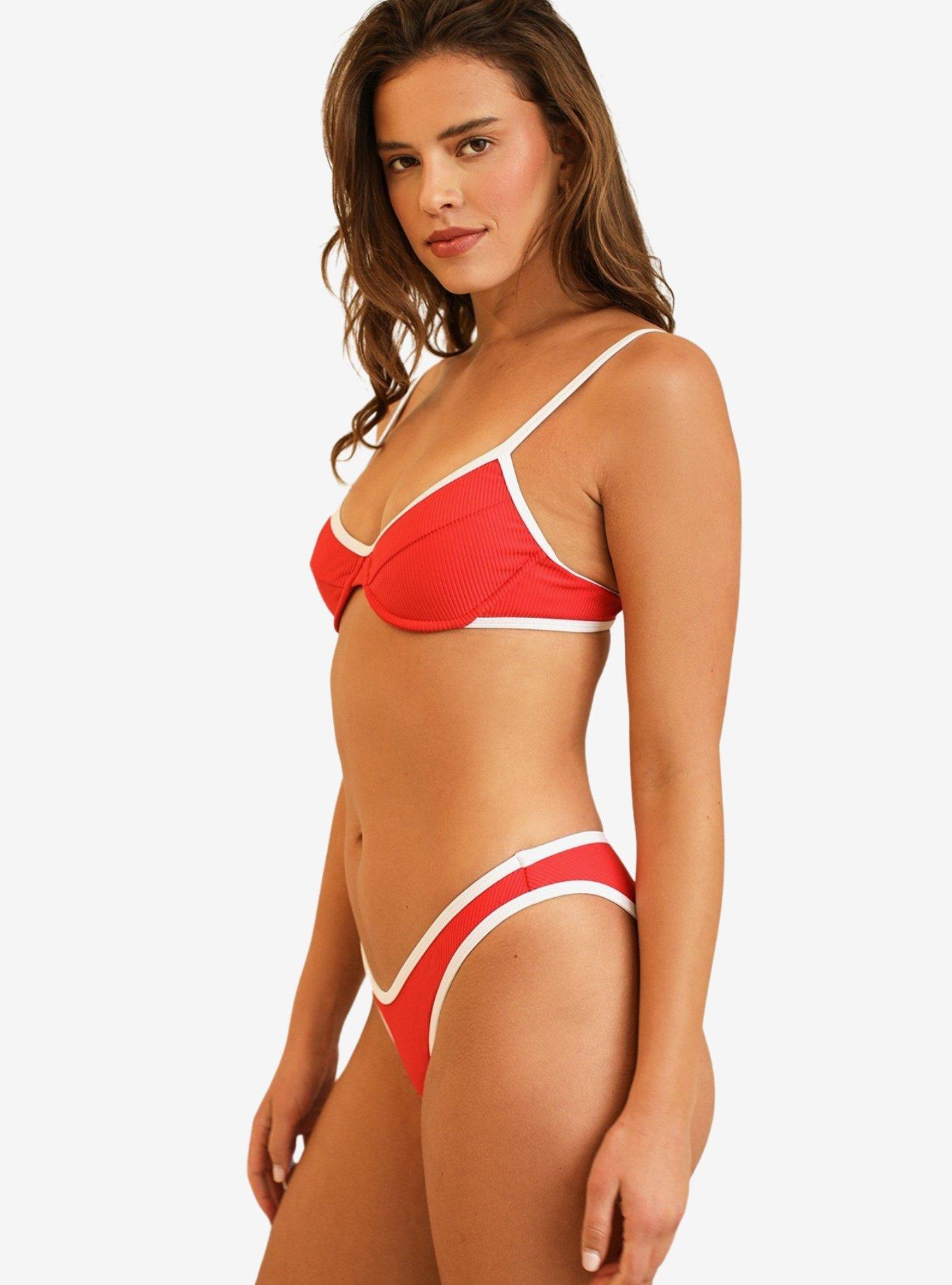 Dippin' Daisy's Venice Cheeky Swim Bottom Poppy White Rib, , hi-res