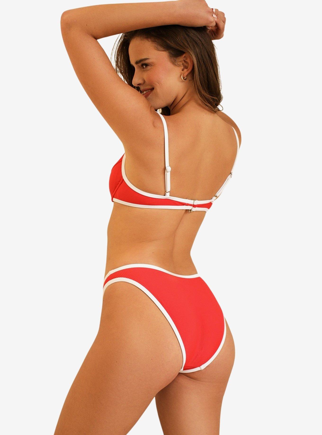 Dippin' Daisy's Venice Cheeky Swim Bottom Poppy White Rib, RED, alternate