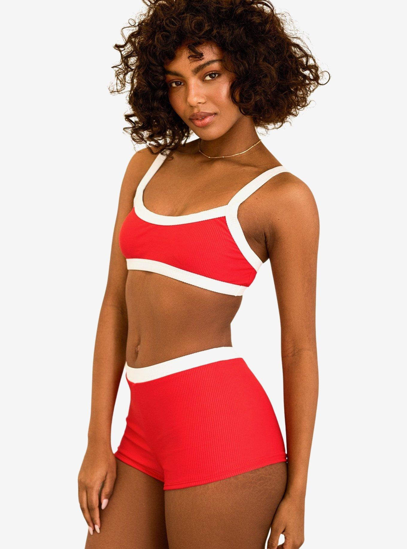 Dippin' Daisy's Farrah Elastic Waist Booty Short Poppy White Rib, RED, alternate