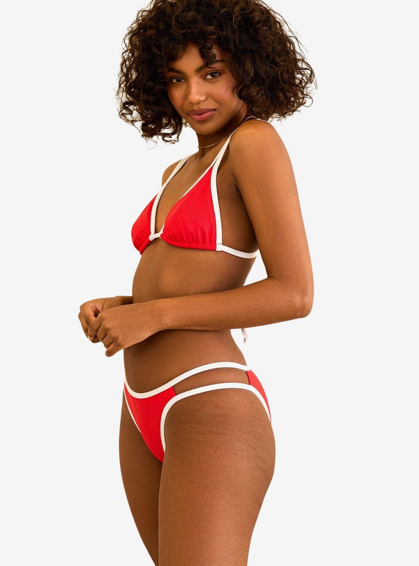 Dippin' Daisy's Cyrus Double Strap Swim Bottom Poppy White Rib, RED, alternate