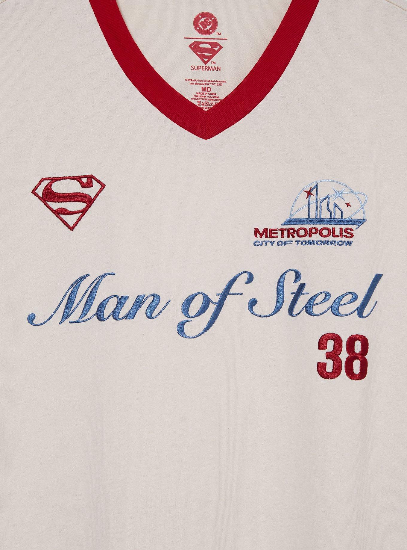 DC Comics Superman Man of Steel Embroidered Ringer V-Neck T-Shirt - BoxLunch Exclusive, CREAM, alternate