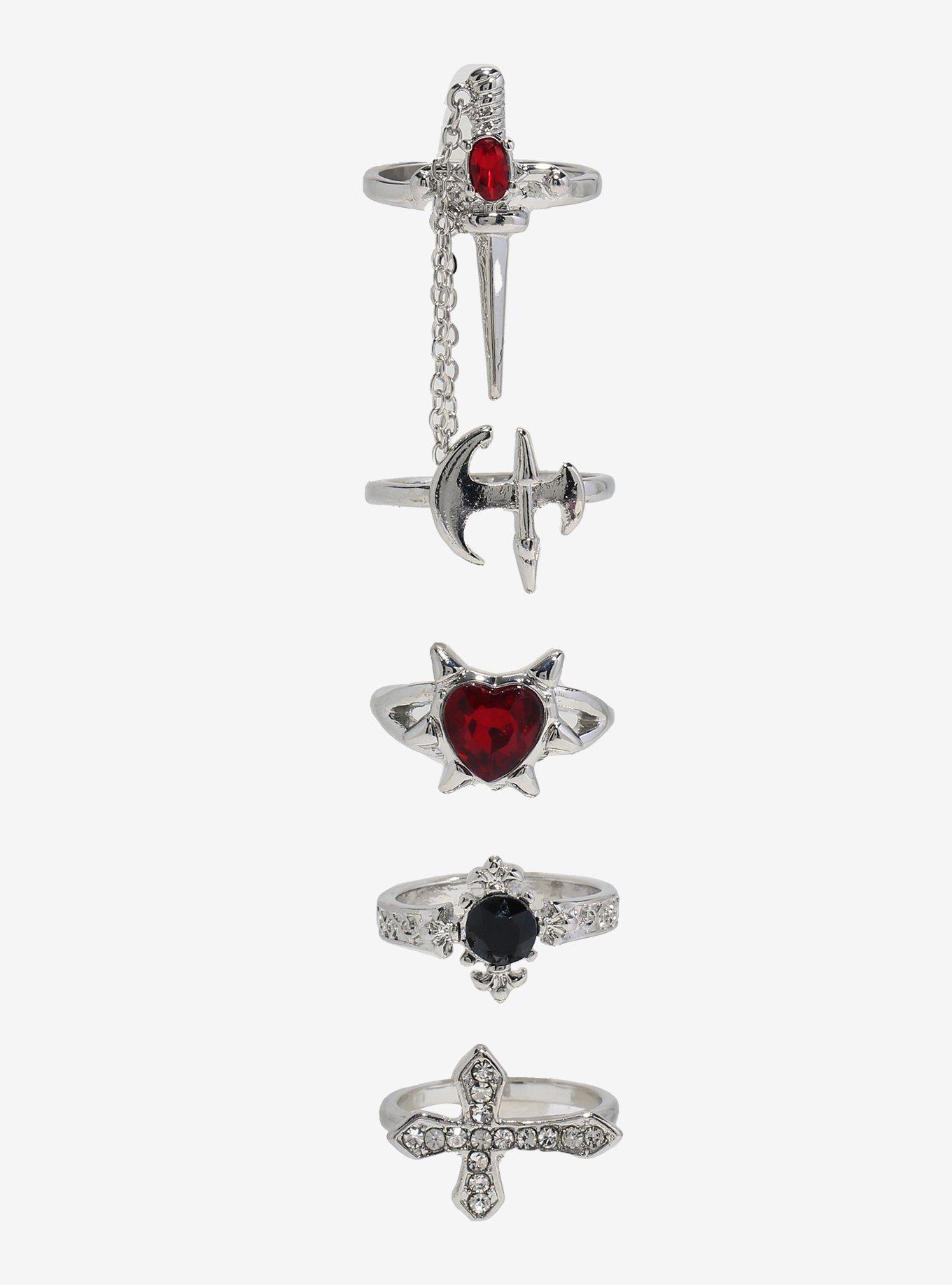 Thorn & Fable Gothic Cross Heart Dagger Ring Set, , hi-res