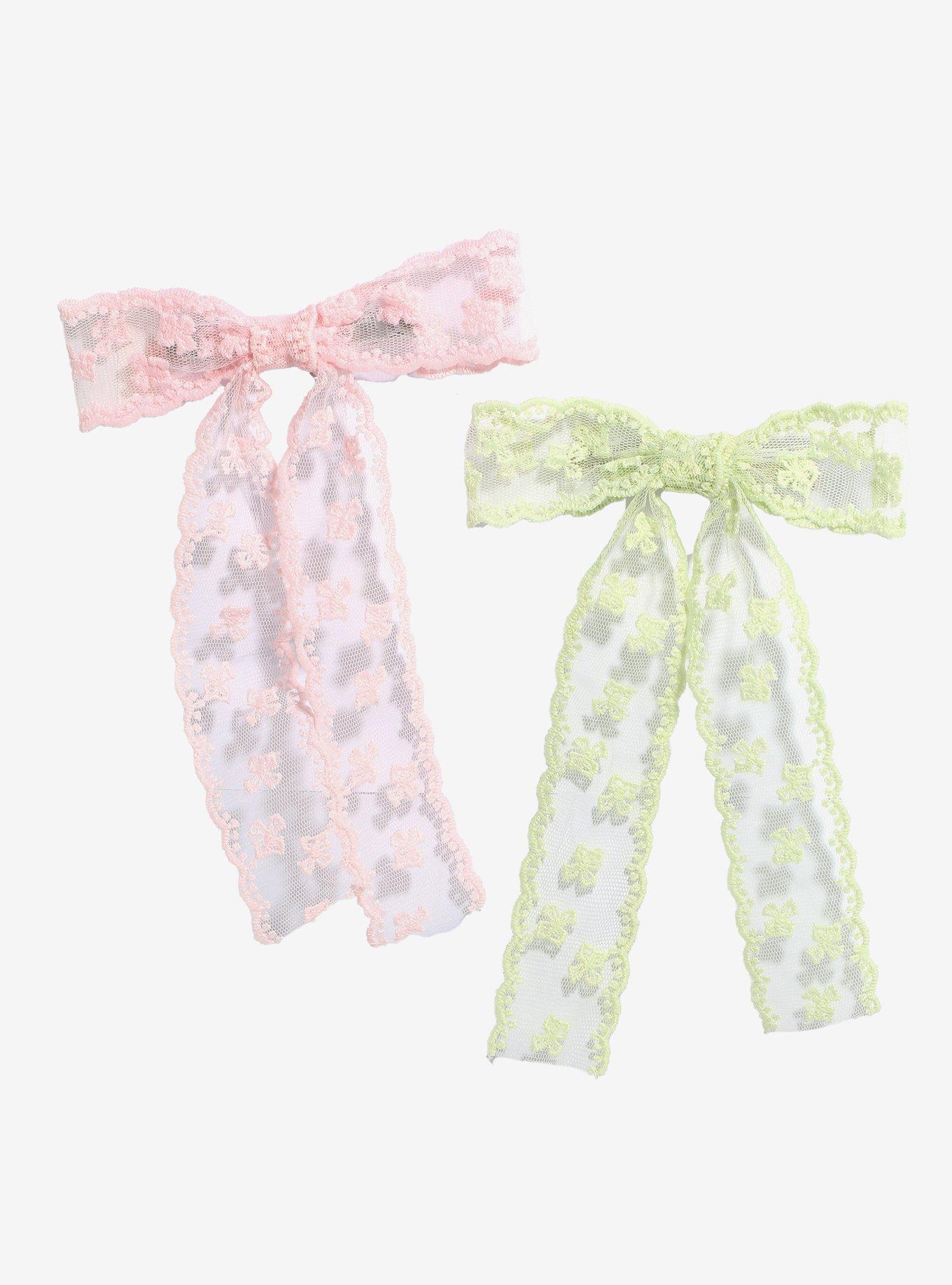 Thorn & Fable Pink & Green Floral Lace Bow Set, , hi-res