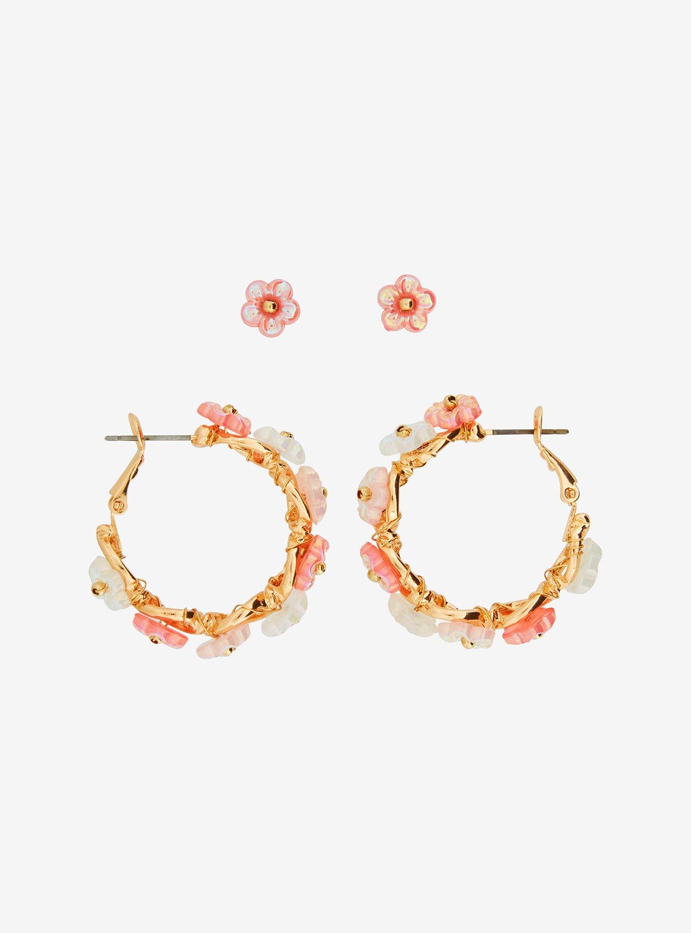 Thorn & Fable Pink & White Flower Hoop Earring Set, , hi-res