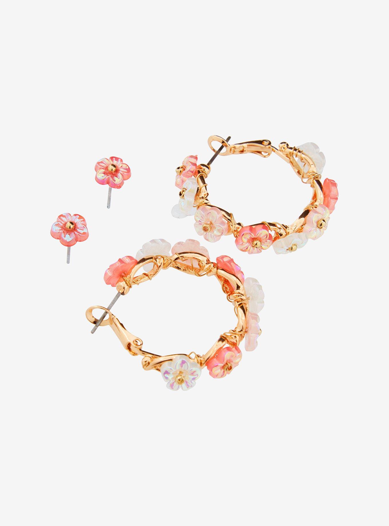 Thorn & Fable Pink & White Flower Hoop Earring Set, , alternate