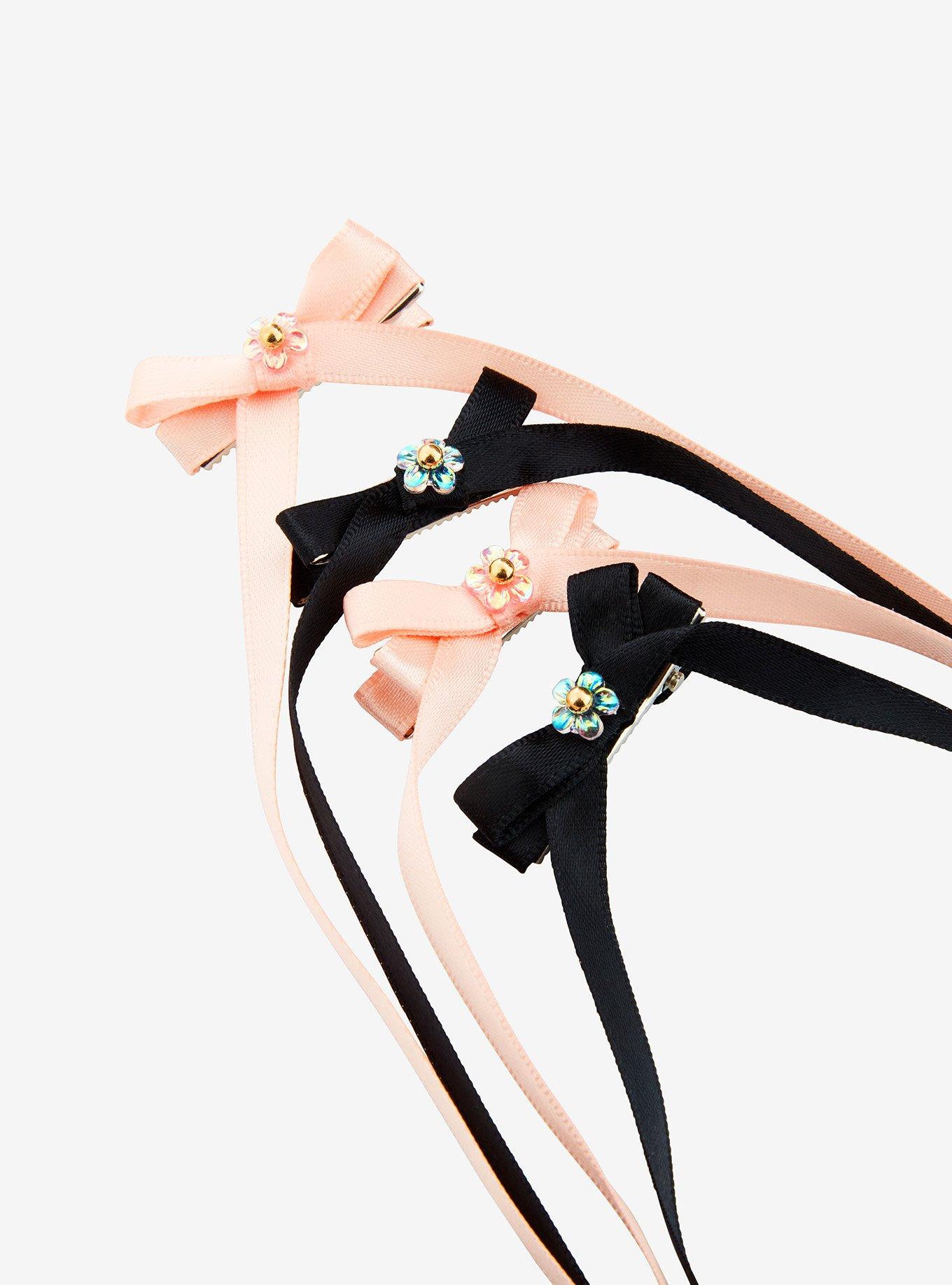 Thorn & Fable Pink & Black Floral Skinny Hair Bow Set, , hi-res