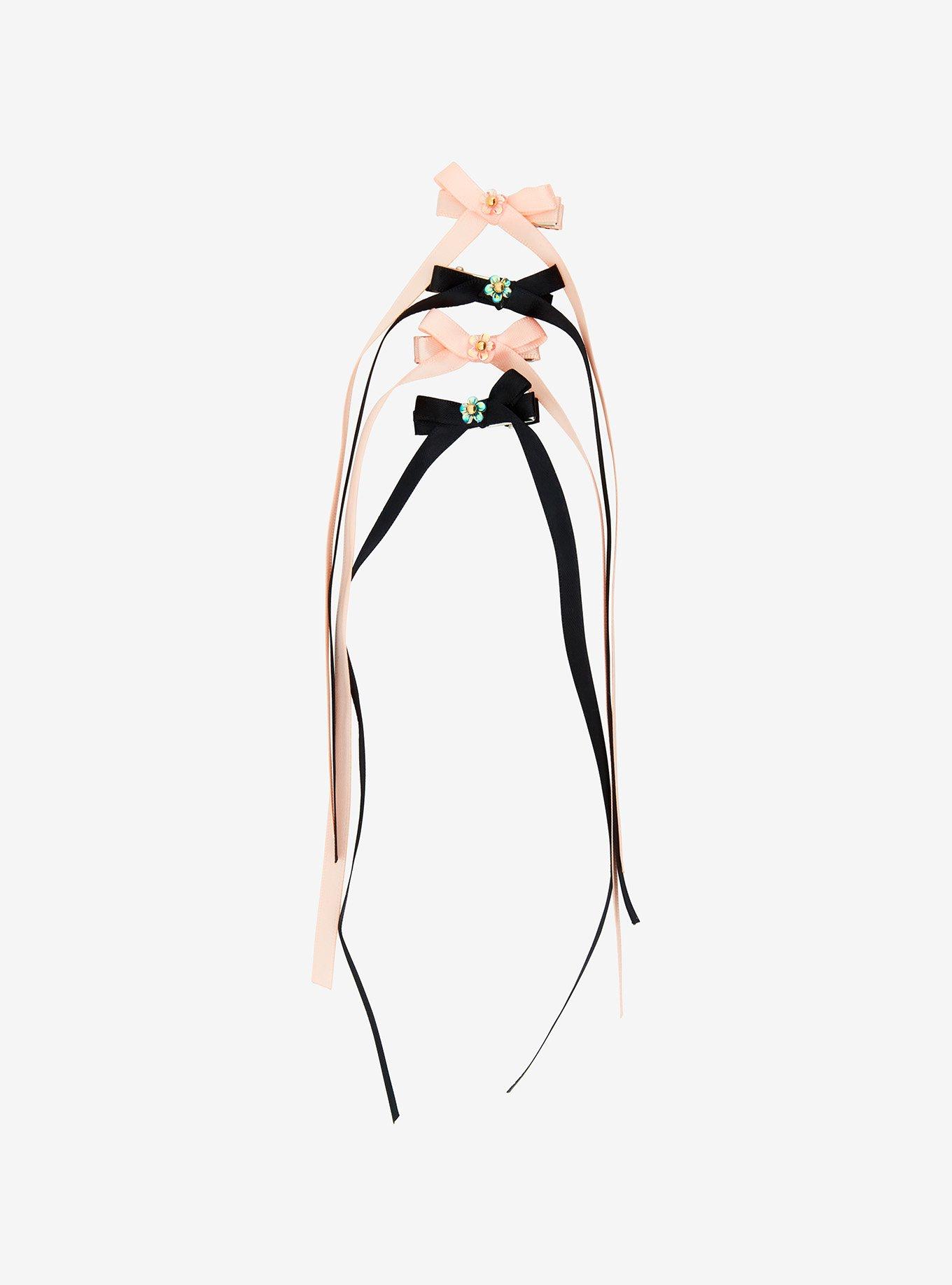 Thorn & Fable Pink & Black Floral Skinny Hair Bow Set, , alternate